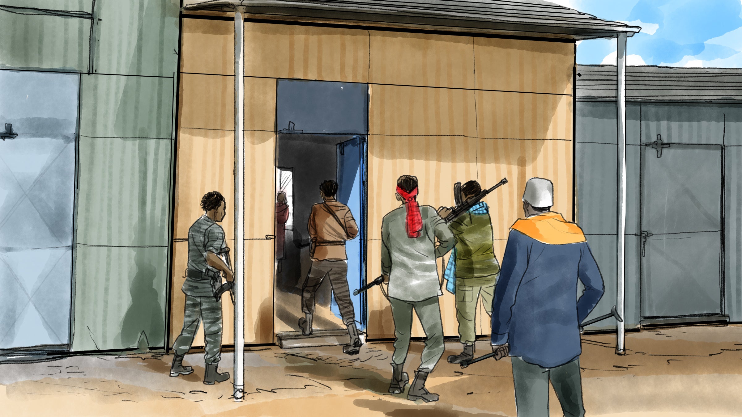 Illustration of armed men entering a building