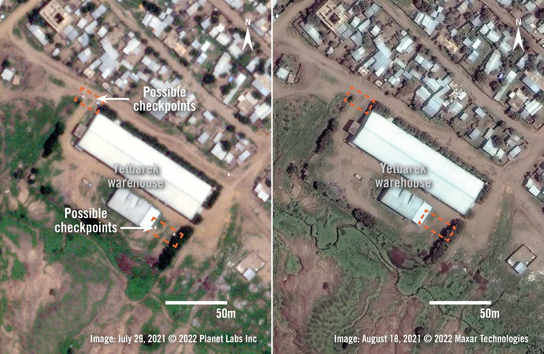 Four small white objects are visible at the entrance and back area of the Yetbarek Warehouse in imagery from July 29, 2021. The objects are also visible on July 30 and August 2 (not shown) suggesting they could be checkpoints for movement into and around the warehouse area. The objects are not visible in imagery from August 18, 2021.