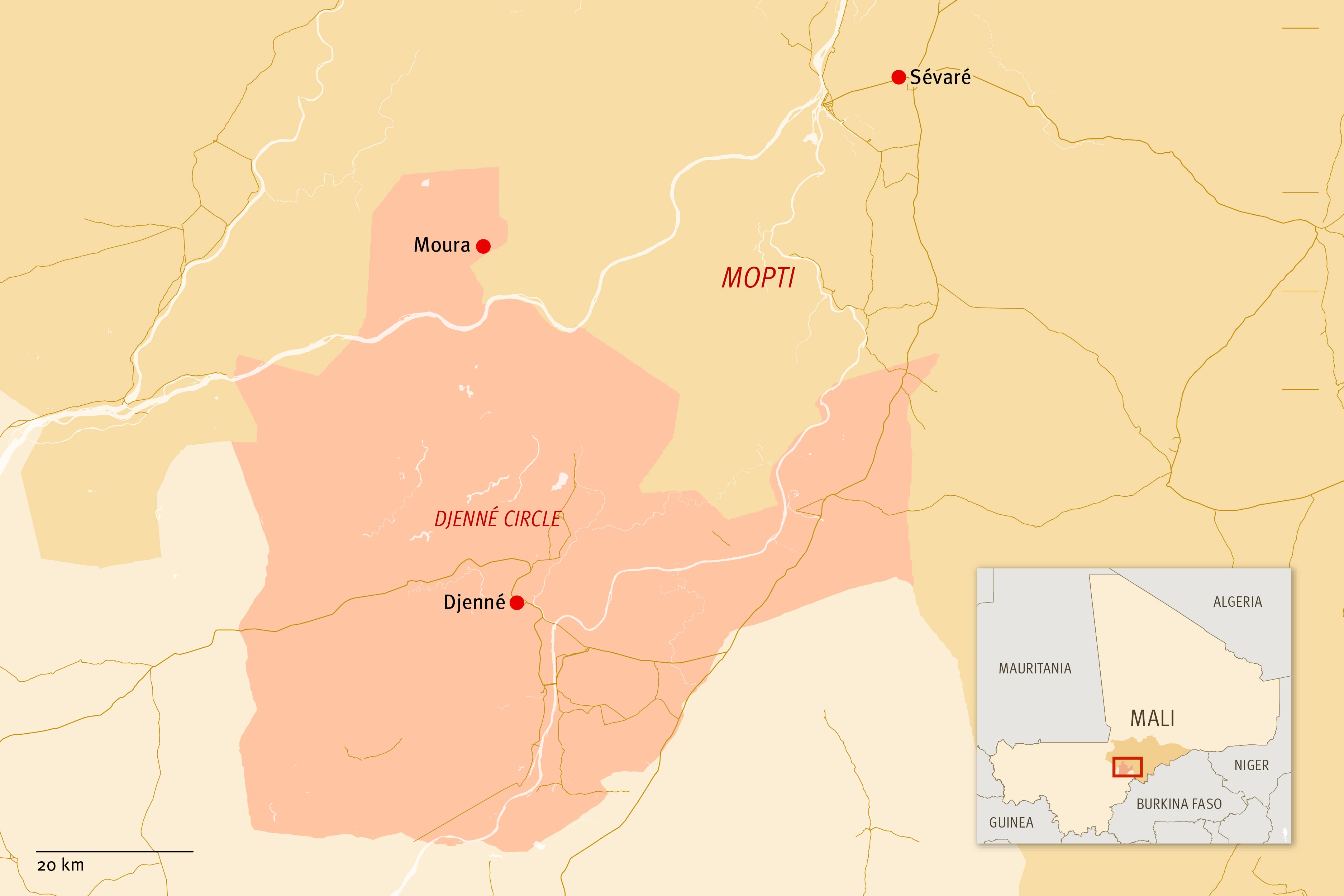 Map of Mali showing location of Moura, site of the massacre, in the center of the country
