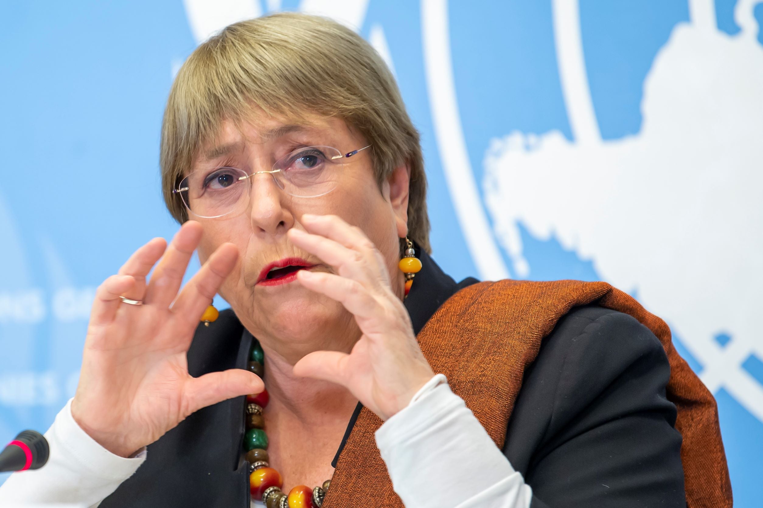 Michelle Bachelet, UN High Commissioner for Human Rights, speaks to the media at the European headquarters of the United Nations in Geneva, Switzerland, November 3, 2021. 