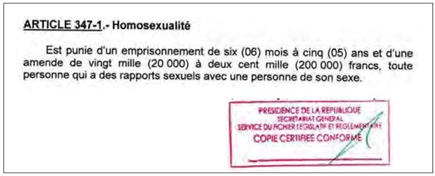 L’article 347-1 du Code pénal camerounais, qui interdit les rapports consentis entre personnes du même sexe, et en fait un crime. Capture d’écran du Code pénal mis en ligne sur le site de l’Organisation mondiale de la propriété intellectuelle (OMPI, WIPO en anglais). https://www.wipo.int/edocs/lexdocs/laws/fr/cm/cm014fr.pdf