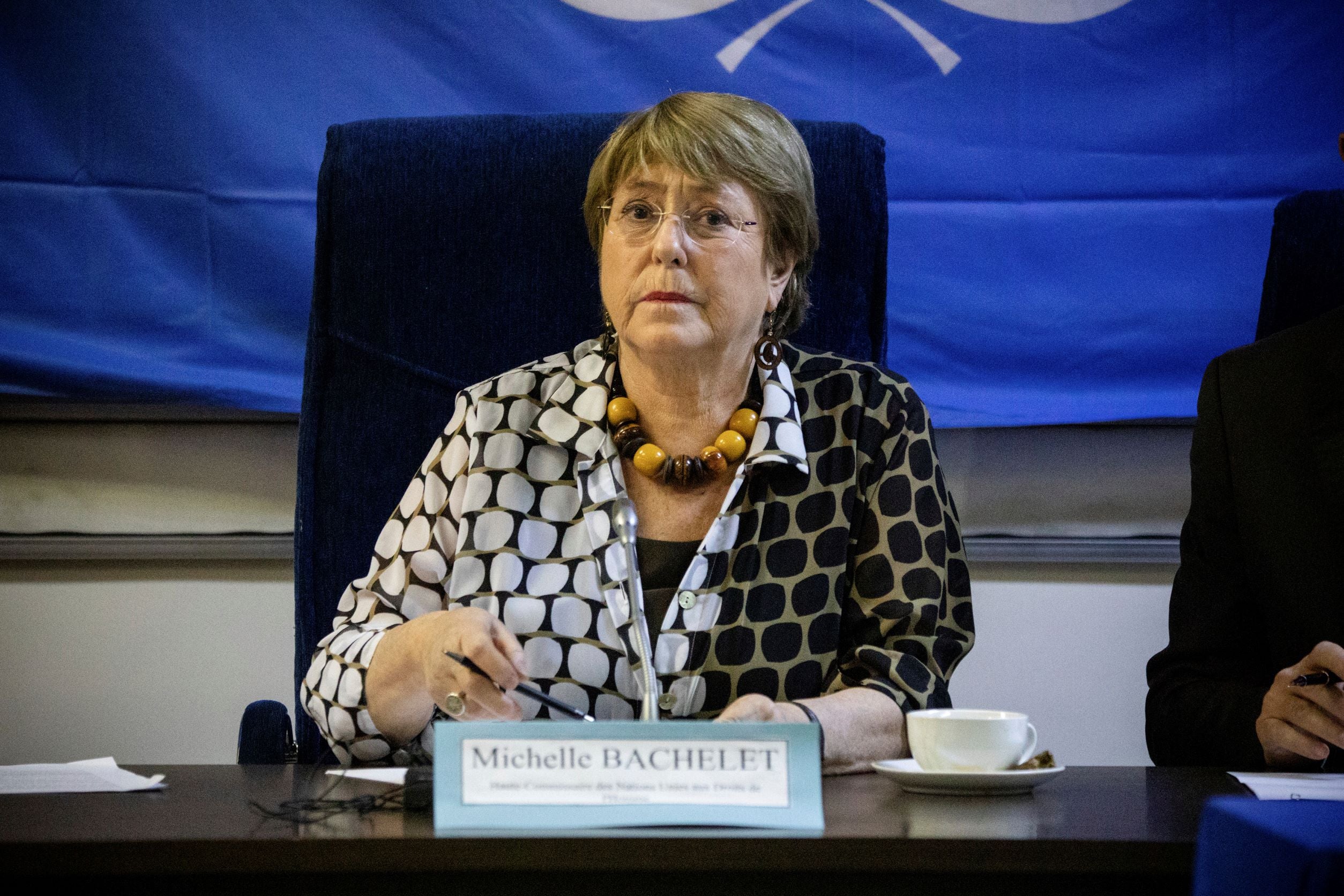 UN High Commissioner for Human Rights Michelle Bachelet addresses a news conference in Ouagadougou, Burkina Faso.