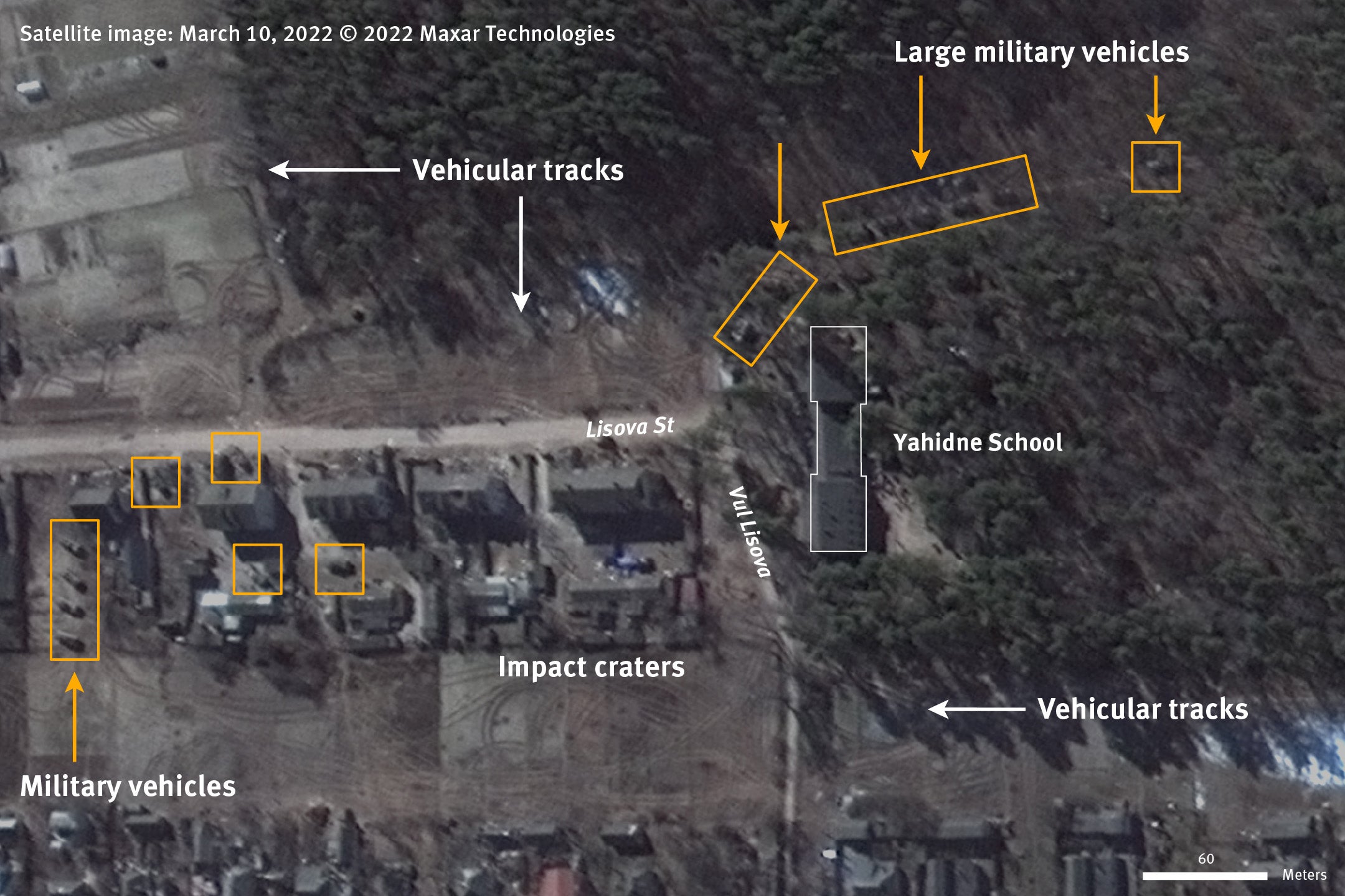 An optical very high-resolution commercial satellite image collected on March 10, 2022 shows dozens of armored and support military vehicles in the yard of and next to Yahidne school, and possibly  more in the trees surrounding the school, and large vehicle tracks throughout the village with a higher concentration at the schoolhouse. 