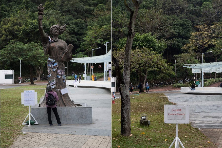 À gauche, la statue de la « Déesse de la démocratie » (basée sur celle érigée sur la place Tiananmen à Pékin en 1989) sur le campus de l'Université chinoise de Hong Kong, avant son déboulonnement. À droite, le même emplacement, photographié après le retrait de la statue le 24 décembre 2021.