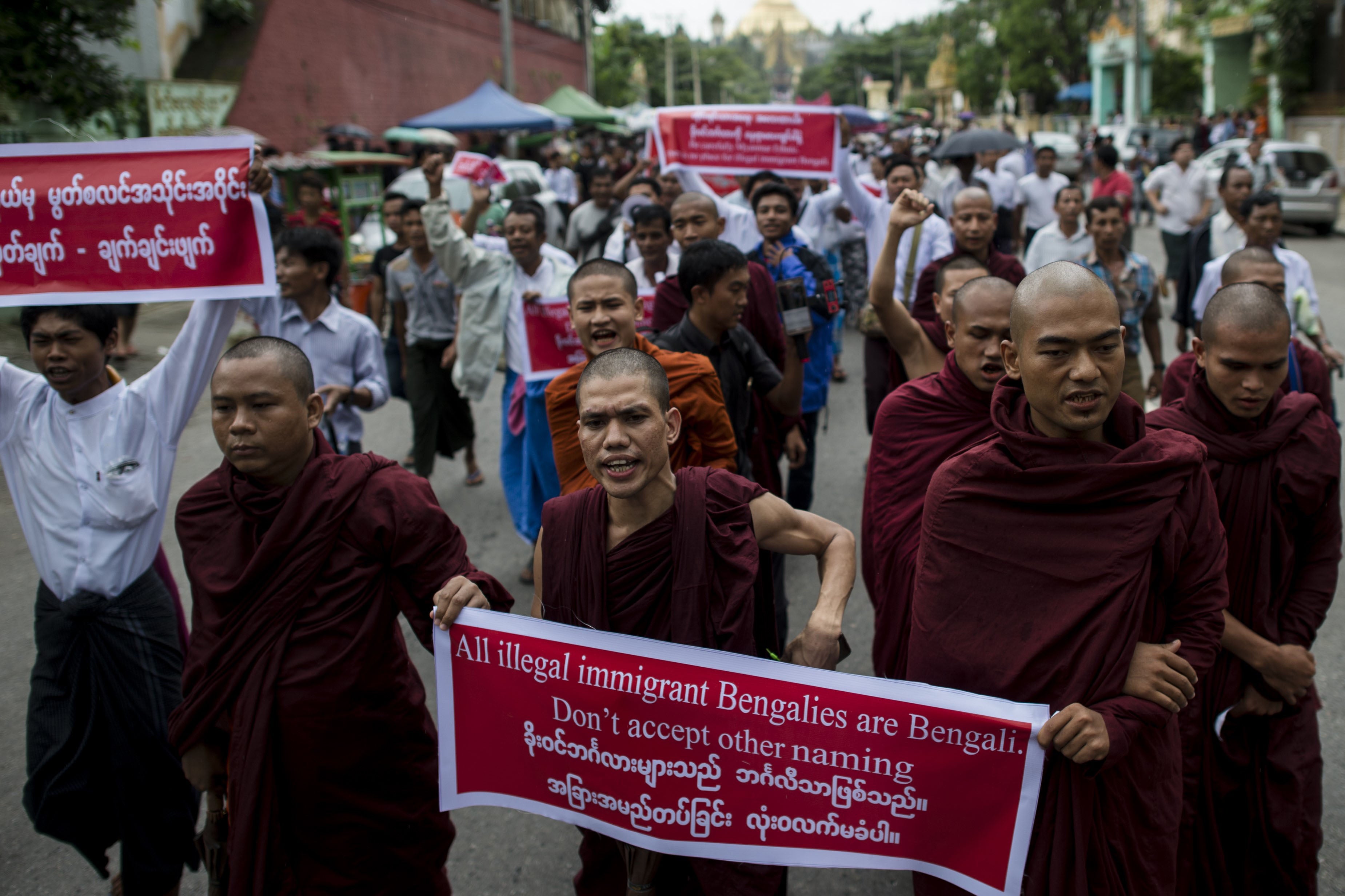 Buddhist monks take part in an anti-Muslim rally 