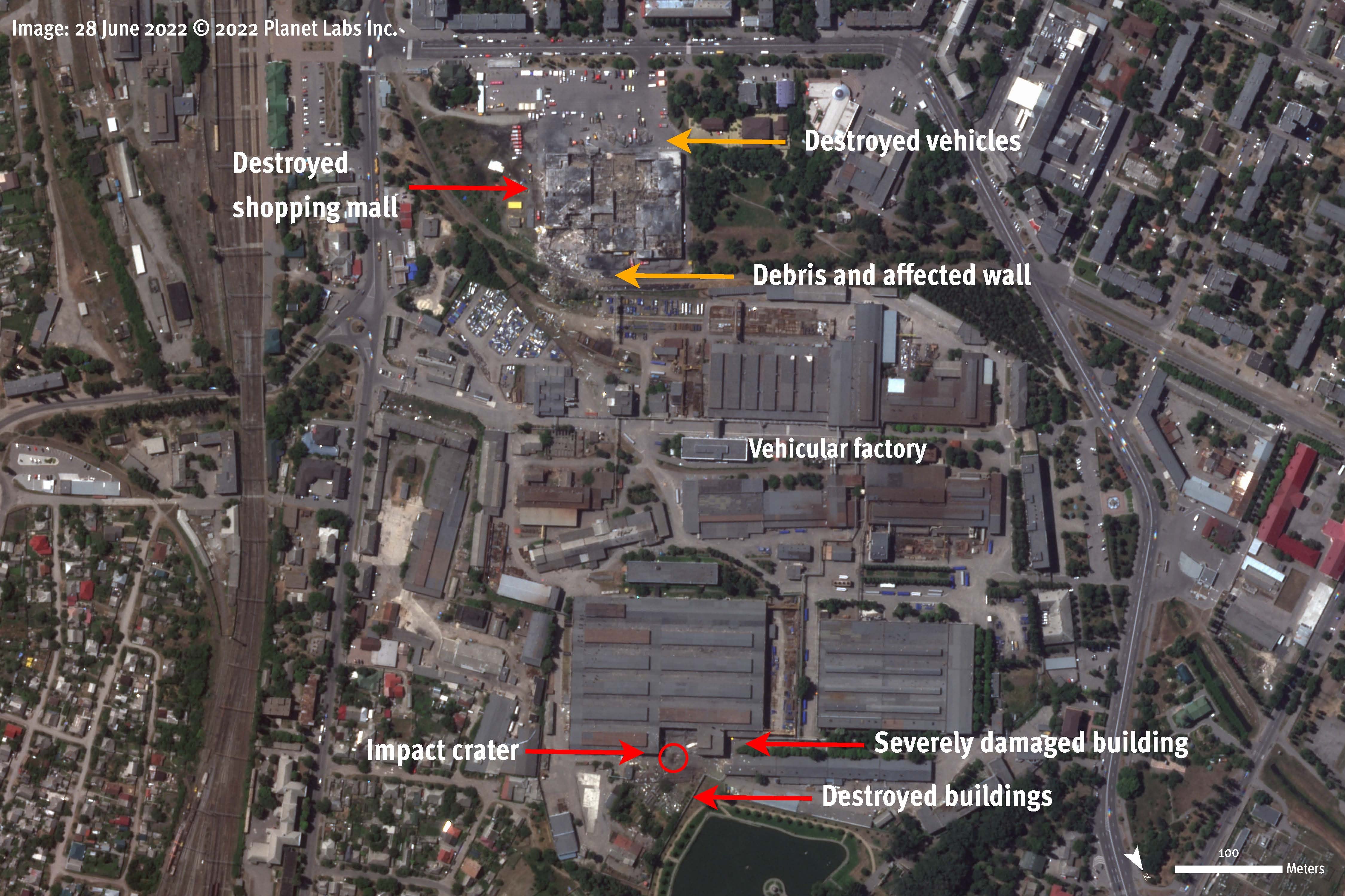 Destruction and damage to the Kremenchuk shopping mall and adjacent factory observed after the strike on June 27, 2022.