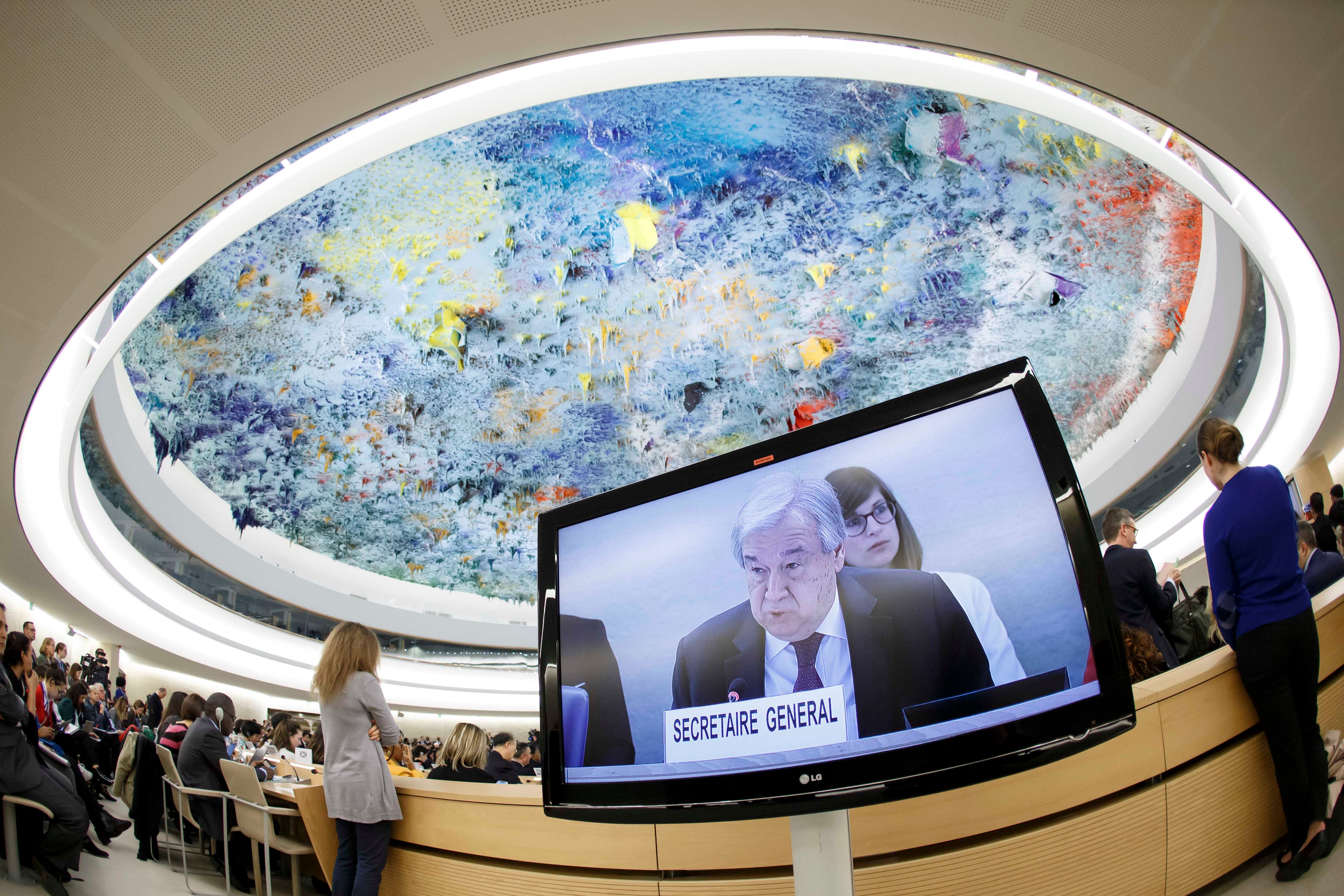 联合国秘书长安东尼奥・古特雷斯（Antonio Guterres）在人权理事会第43届会议作开幕致词，瑞士日内瓦联合国总部，2020年2月24日。