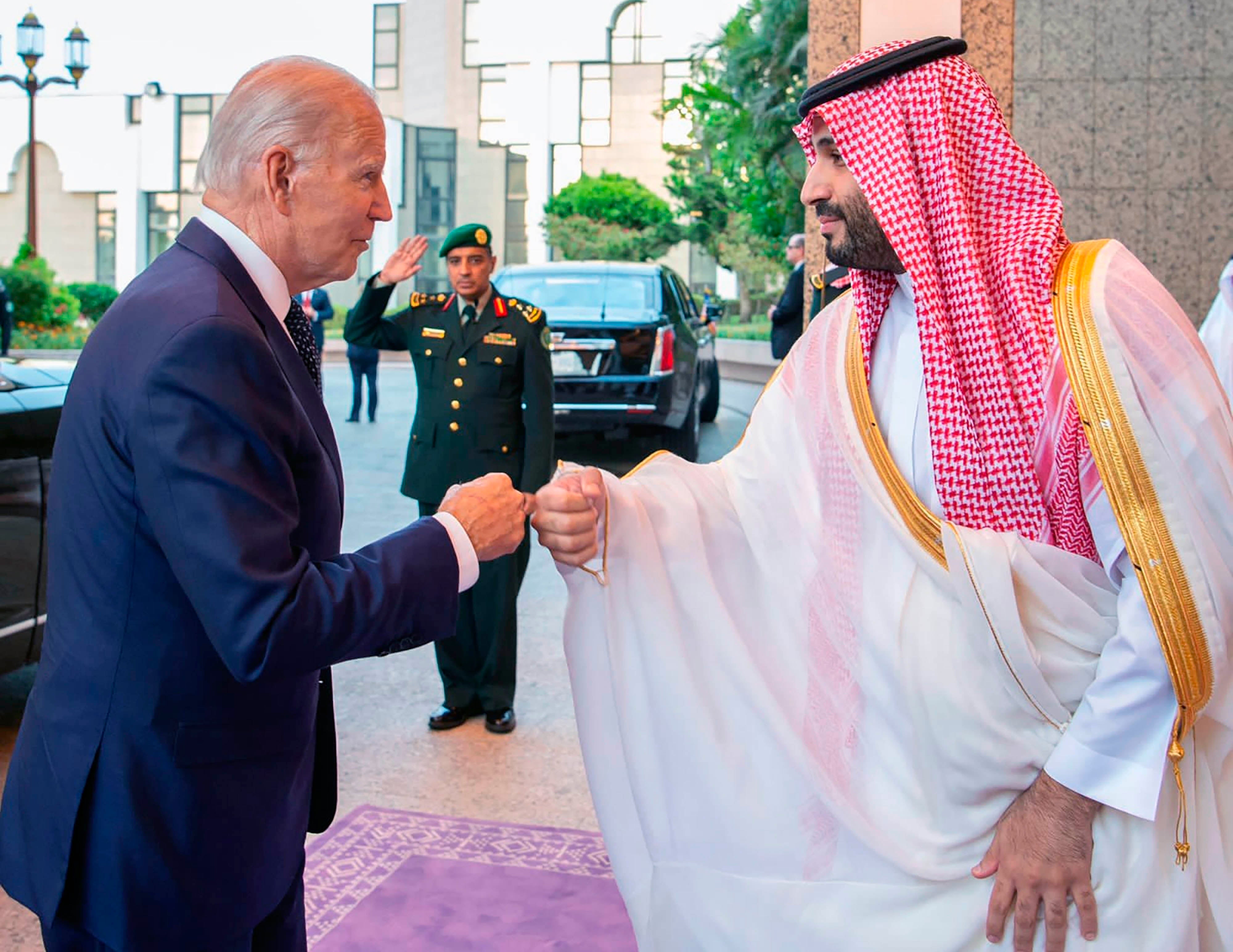 Saudi Crown Prince Mohammed bin Salman, meets President Joe Biden at Al-Salam palace in Jeddah, Saudi Arabia, Friday, July 15, 2022.