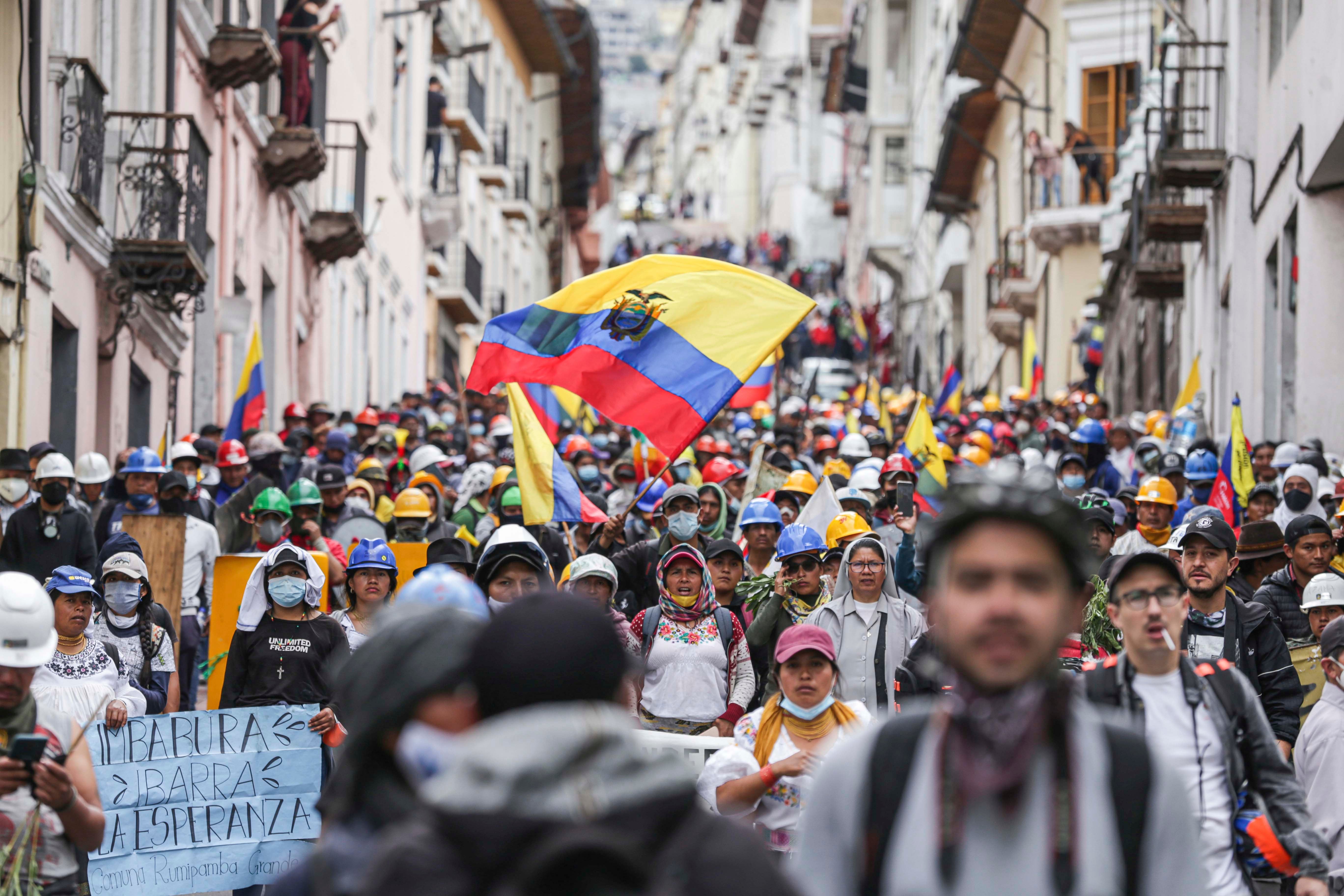 Indigenous demonstrators protest on the streets of the capital for the 15th consecutive day on June 27, 2022 in Quito, Ecuador.