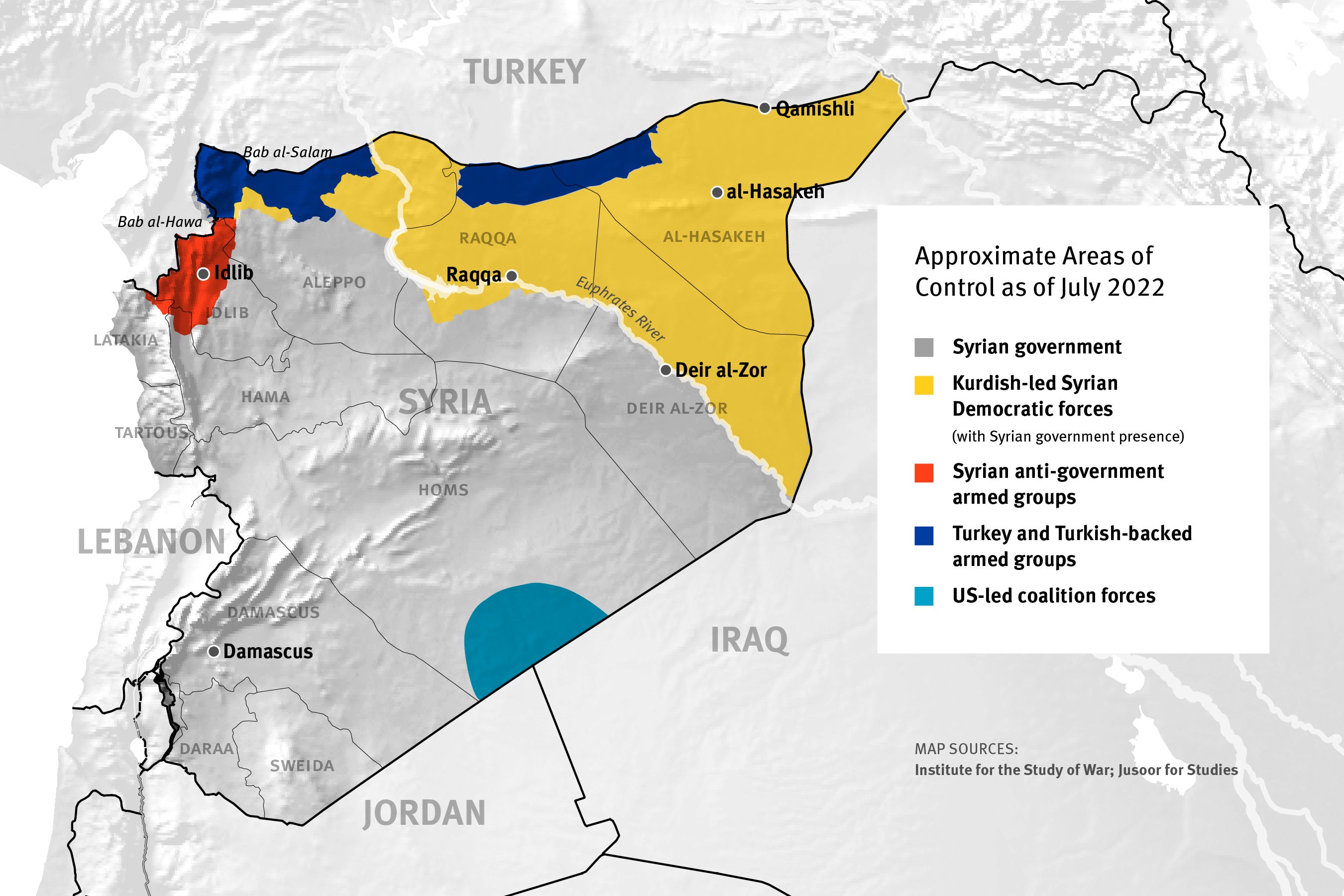 map of Syria showing the division of military control across the country as of July 2022