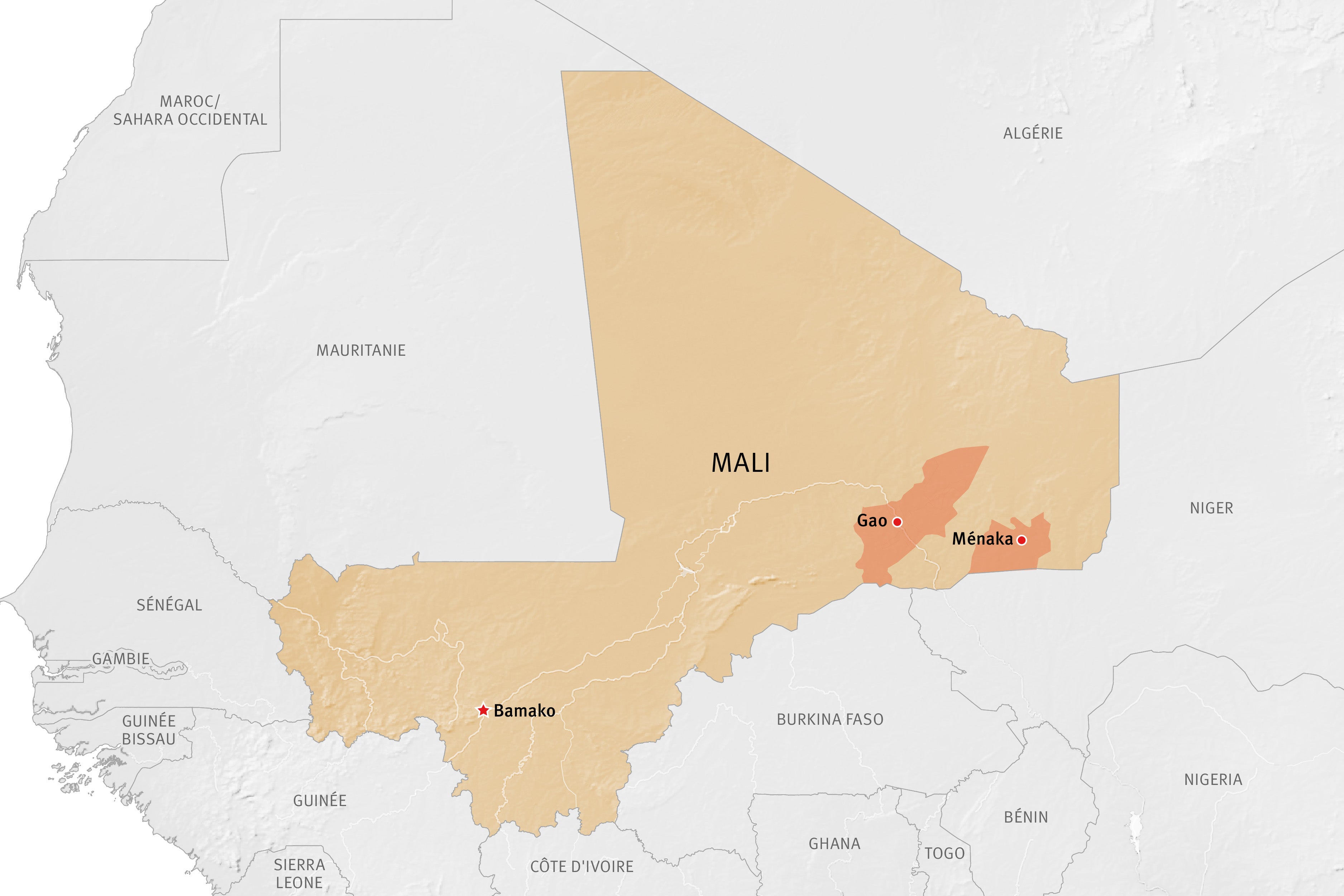 Une carte du Mali montrant les régions de Gao et Ménaka.