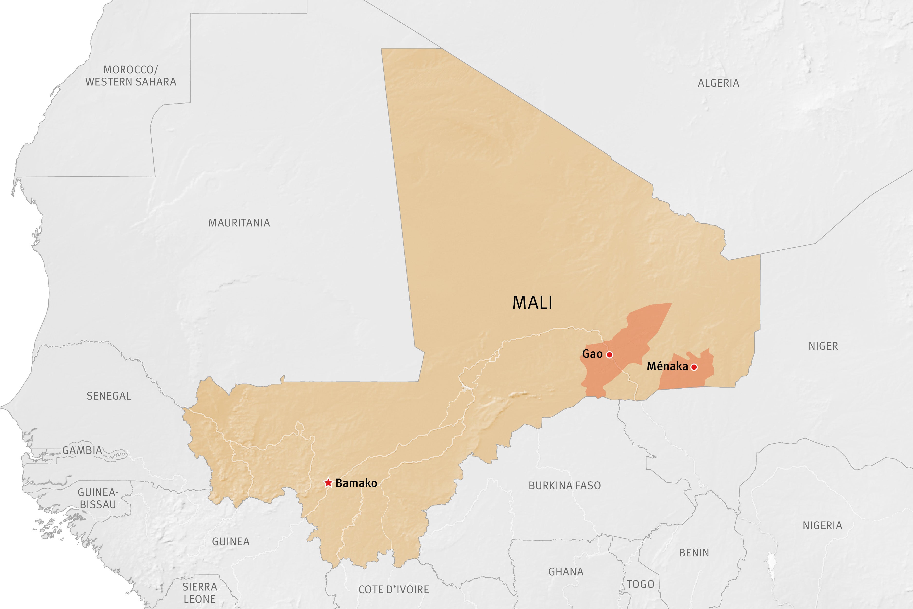 Map of Mali showing Gao and Ménaka. 