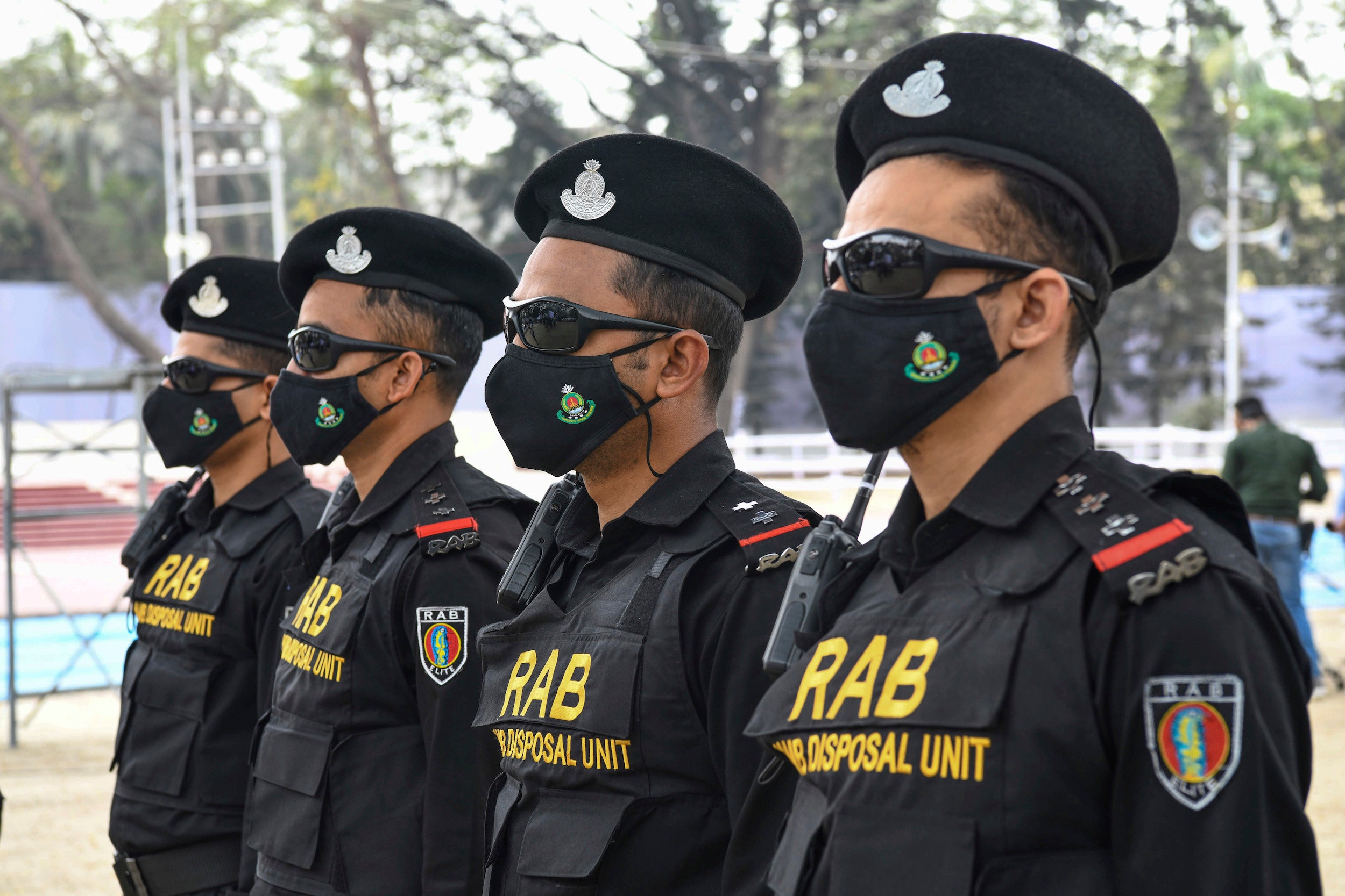 Bangladeshi RAB (Rapid Action Battalion) stand on guard at the Central Shaheed Minar in Dhaka, Bangladesh.