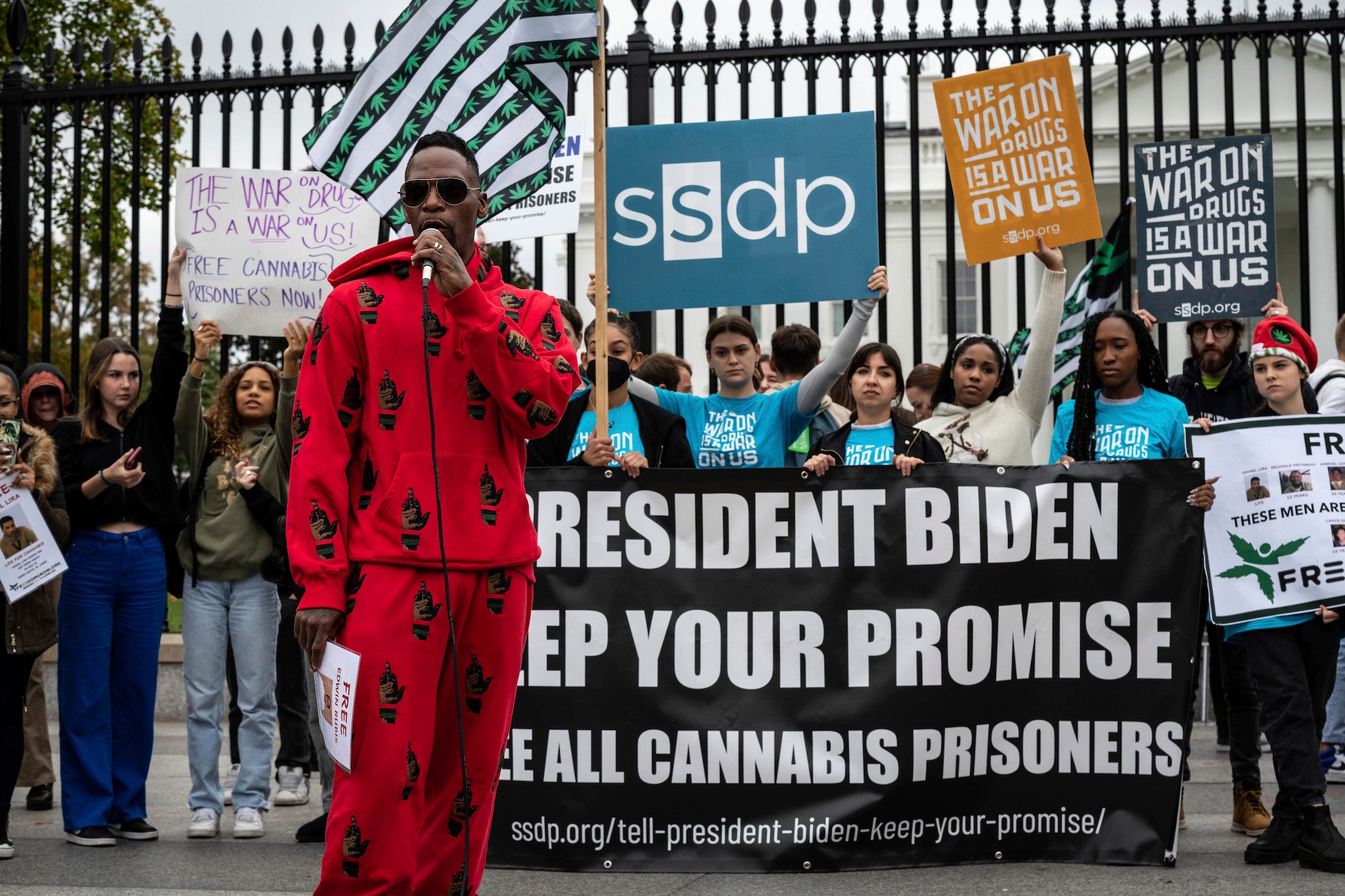 Rapper M-1speaks at a protest for cannabis reform outside the White House in Washington, D.C.