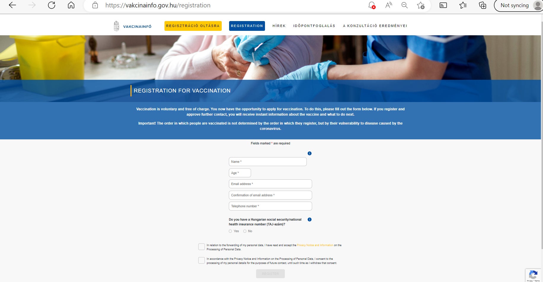 Vaccination registration website screenshot