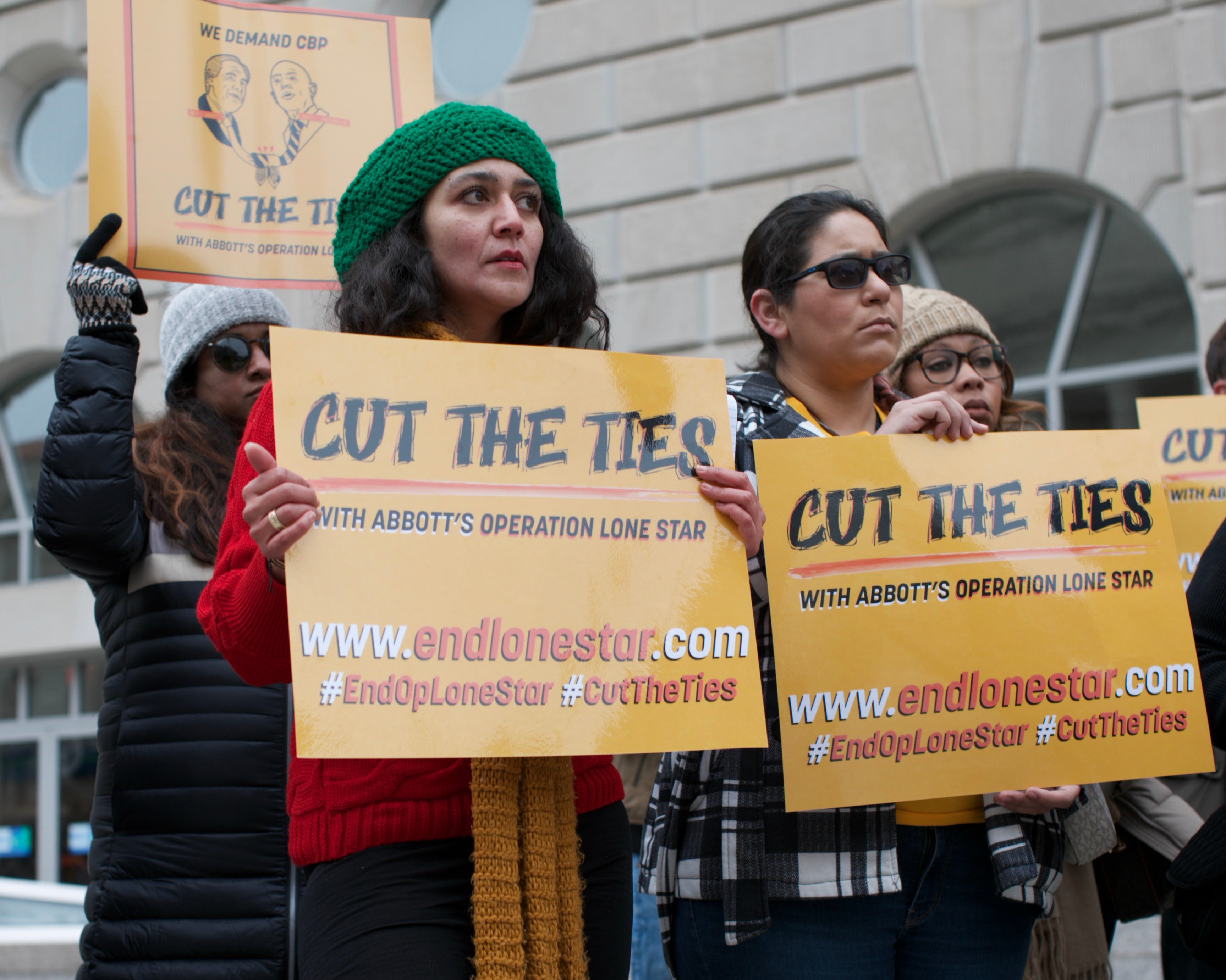 People gather at a press conference on Operation Lone Star outside the Customs and Border Protection office in Washington, DC on November 15, 2022.