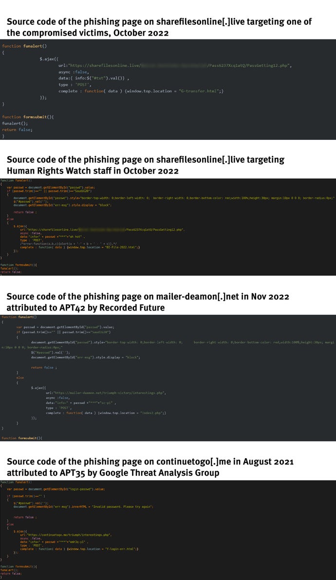 Comparison of the source code of the phishing pages hosted on sharefilesonline[.]live and mailer-daemon[.]net and continuetogo[.]me.