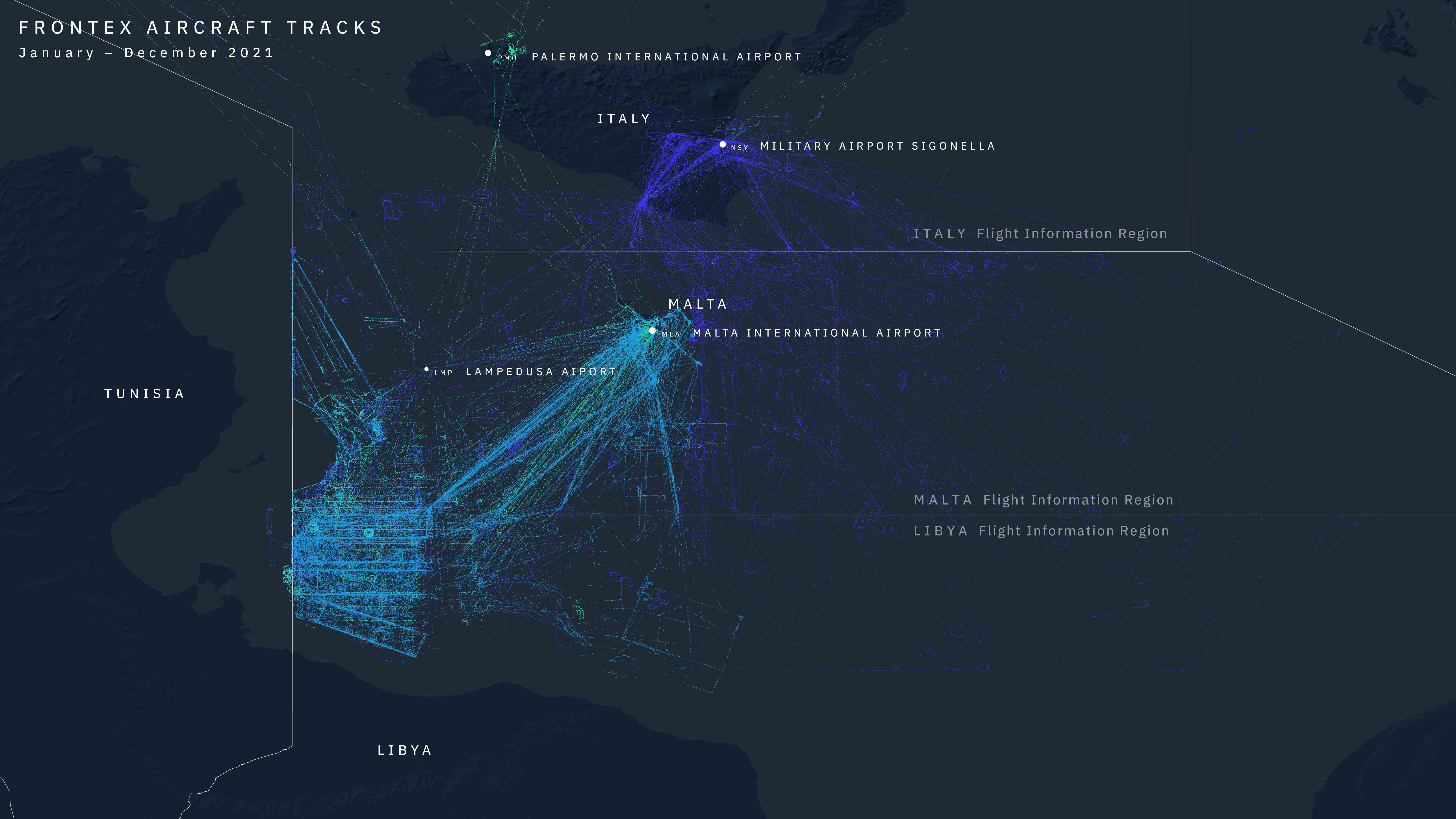 Les trajectoires de vol de six avions de Frontex ayant effectué une surveillance aérienne de la mer Méditerranée, de janvier à décembre 2021.