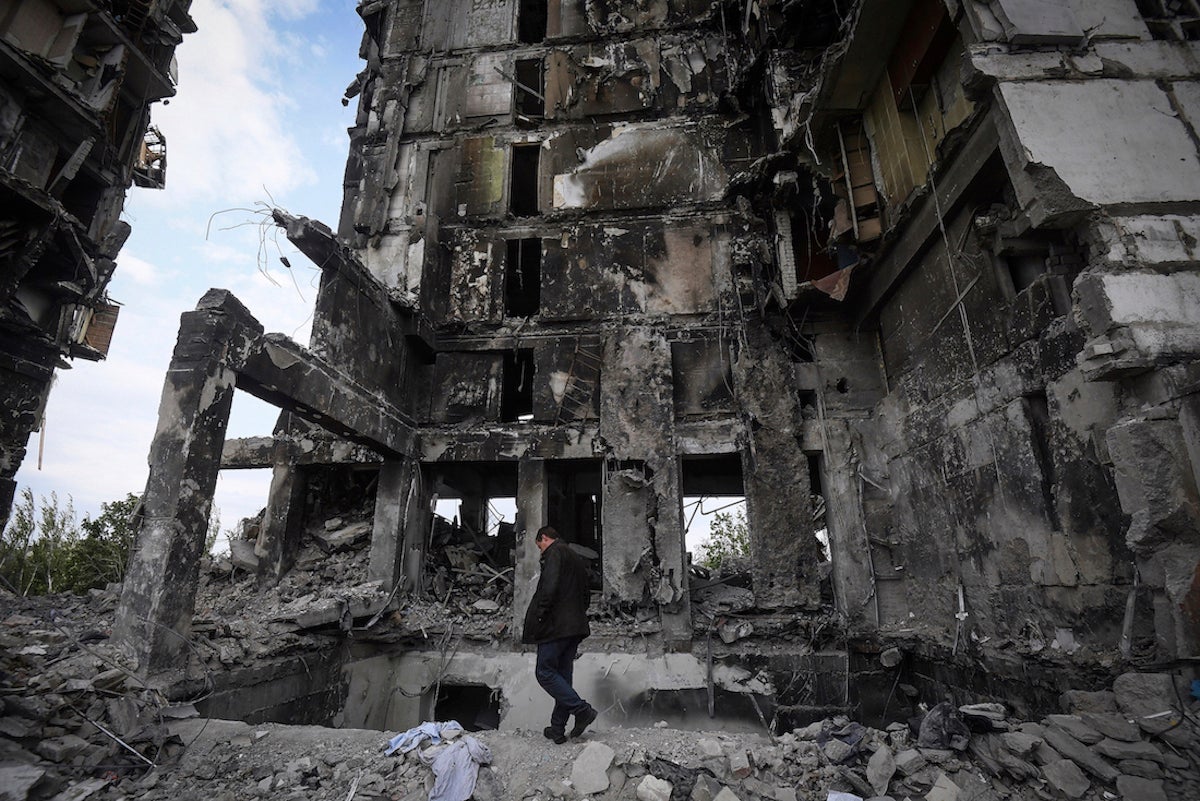 A residential building destroyed as a result of rocket and air strikes during the Russian attack on Mariupol, Ukraine. 
