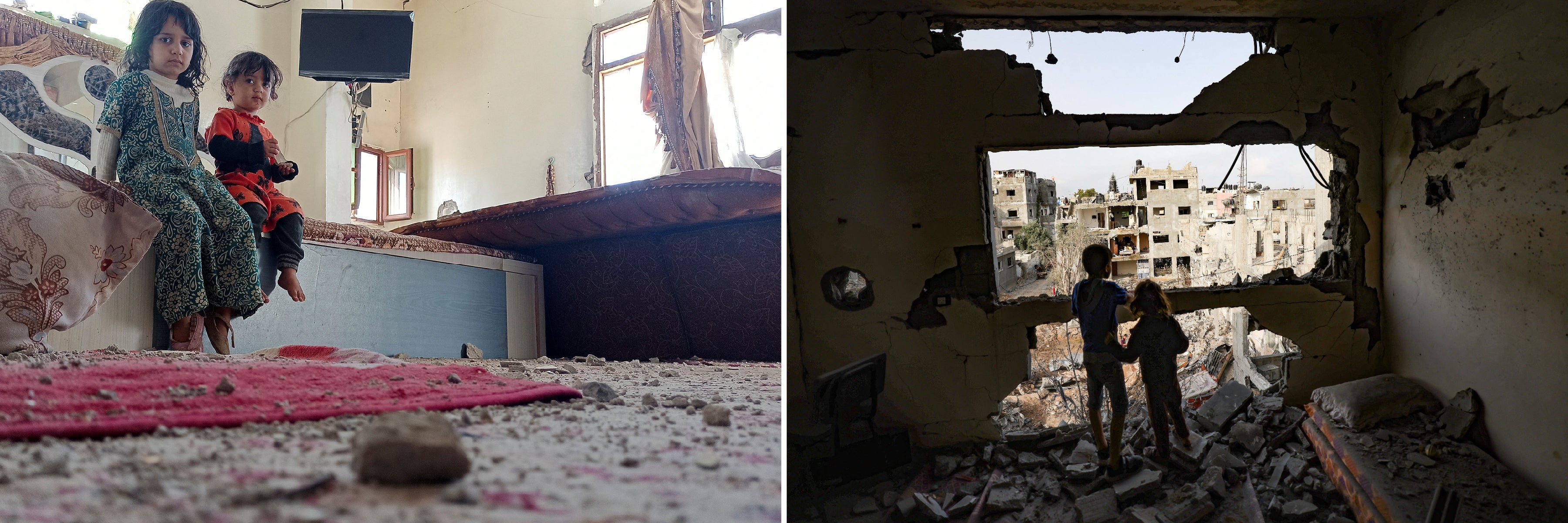 左：也门女童发现自己的卧房遭沙特阿拉伯领导的联军空袭炸毁，也门萨那，2022年1月19日。 右：巴勒斯坦儿童发现他们居住的社区遭以色列炸毁，加沙市，2021年5月21日。