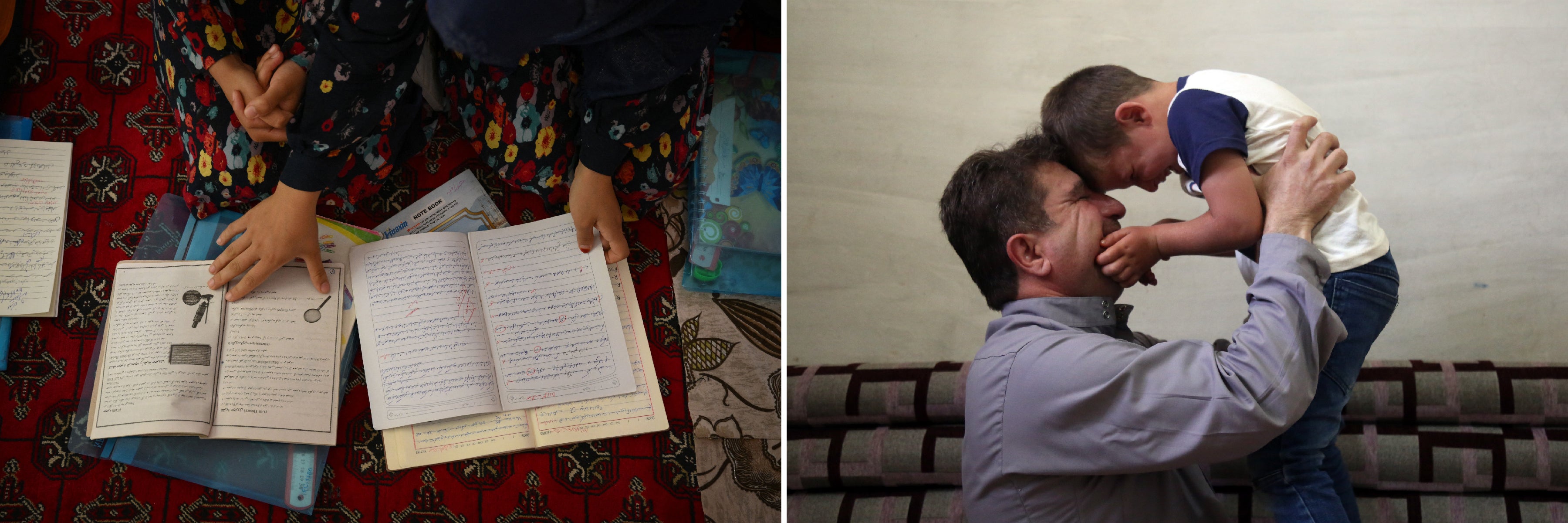 À GAUCHE : Deux filles afghanes montraient leurs livres et cahiers, dans une école secrète dans un lieu non divulgué en Afghanistan, le 25 juillet 2022. © 2022 Daniel Leal/AFP/Getty Images. À DROITE : Un homme syrien soulevait son fils Ibrahim, âgé de 5 ans et atteint d'autisme, à Idlib en juin 2022. Les enfants handicapés piégés dans la guerre en Syrie courent un plus grand risque de souffrances, n’ayant que peu ou pas accès aux soins de santé de base, à l'éducation, à l'aide humanitaire, aux dispositifs d