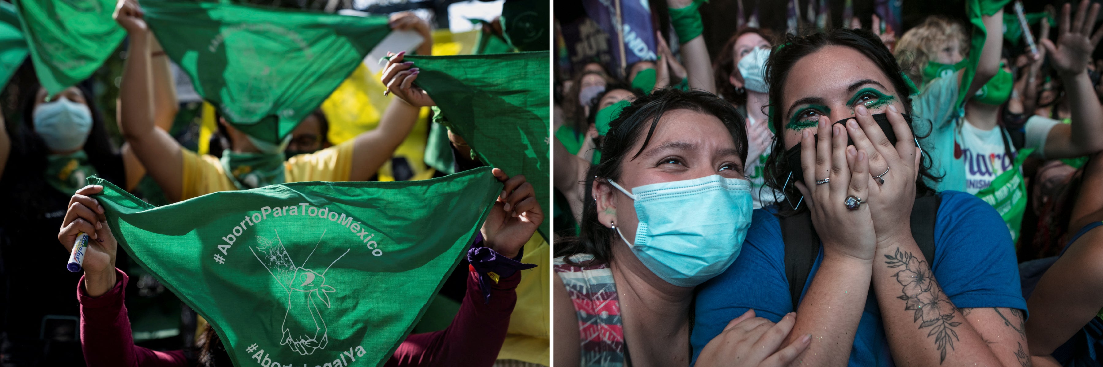LEFT: An abortion-rights supporter holds up a green bandana reading “Abortion for all Mexico” during a protest outside the US Embassy in Mexico City, supporting abortion rights, June 29, 2022. © 2022 Toya Sarno Jordan/Reuters RIGHT: Pro-choice demonstrators celebrate while Argentina’s Congress debated a bill to legalize abortion,December 29, 2020, in Buenos Aires. Congress approved the bill on December 30, 2020. © 2020 Ricardo Ceppi/Getty Images