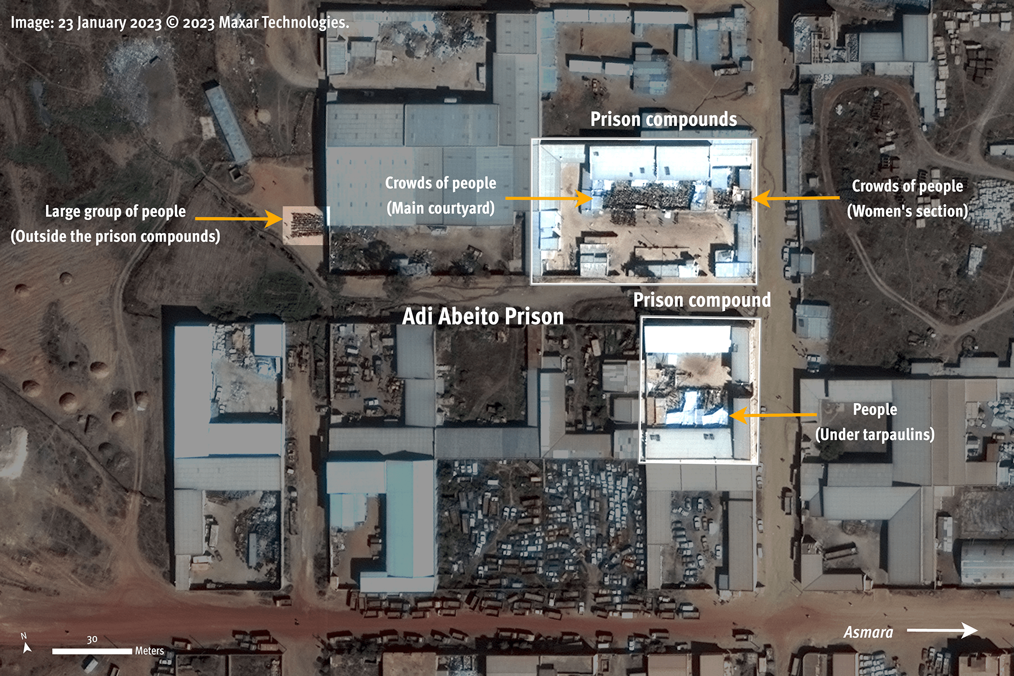 Satellite image recorded on January 23, 2023 offers a snapshot of the large crowds of people gathered in the compounds of Adi Abeito prison, located north of the capital of Asmara.