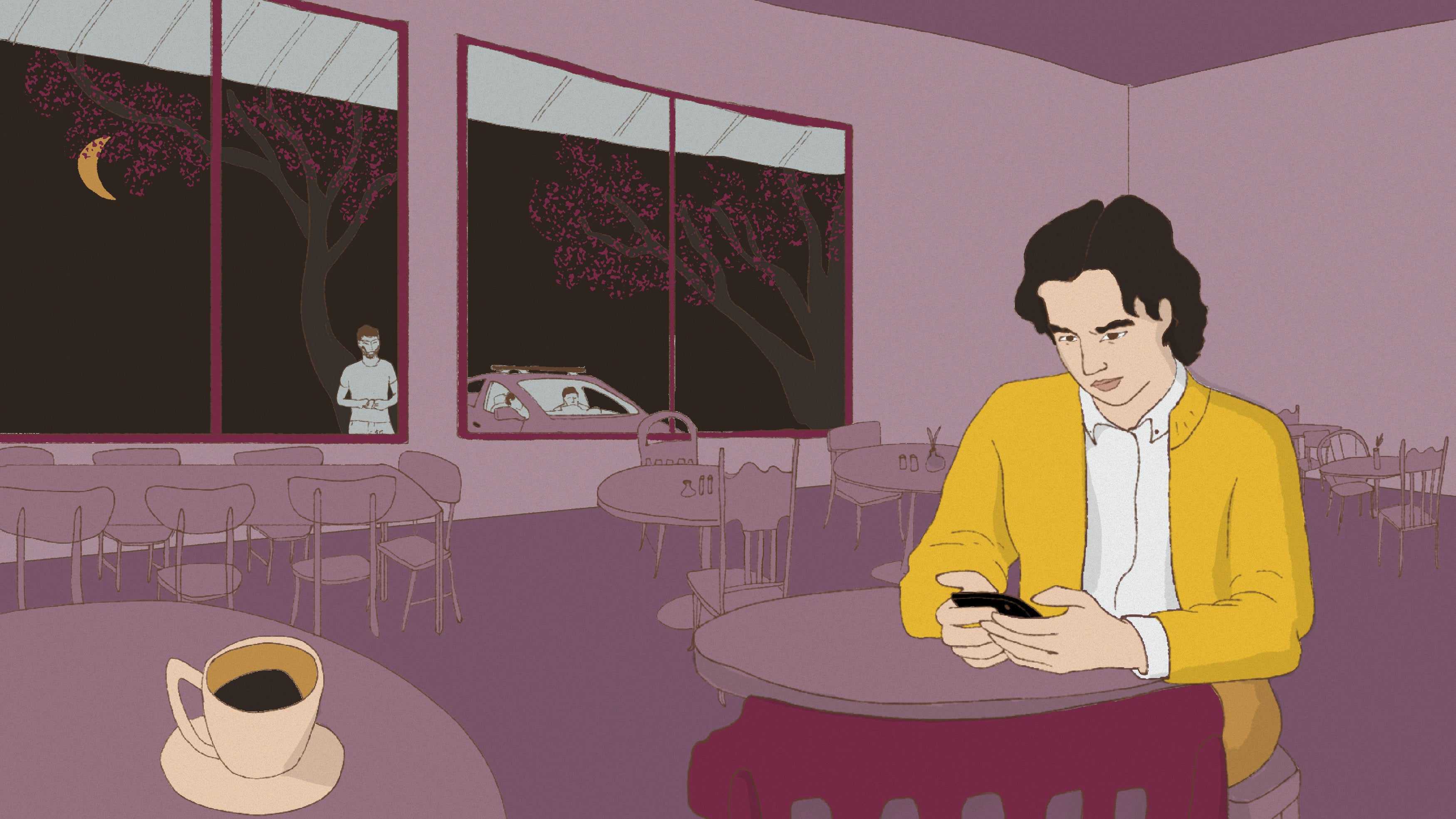 Illustration of a man on his phone in a cafe