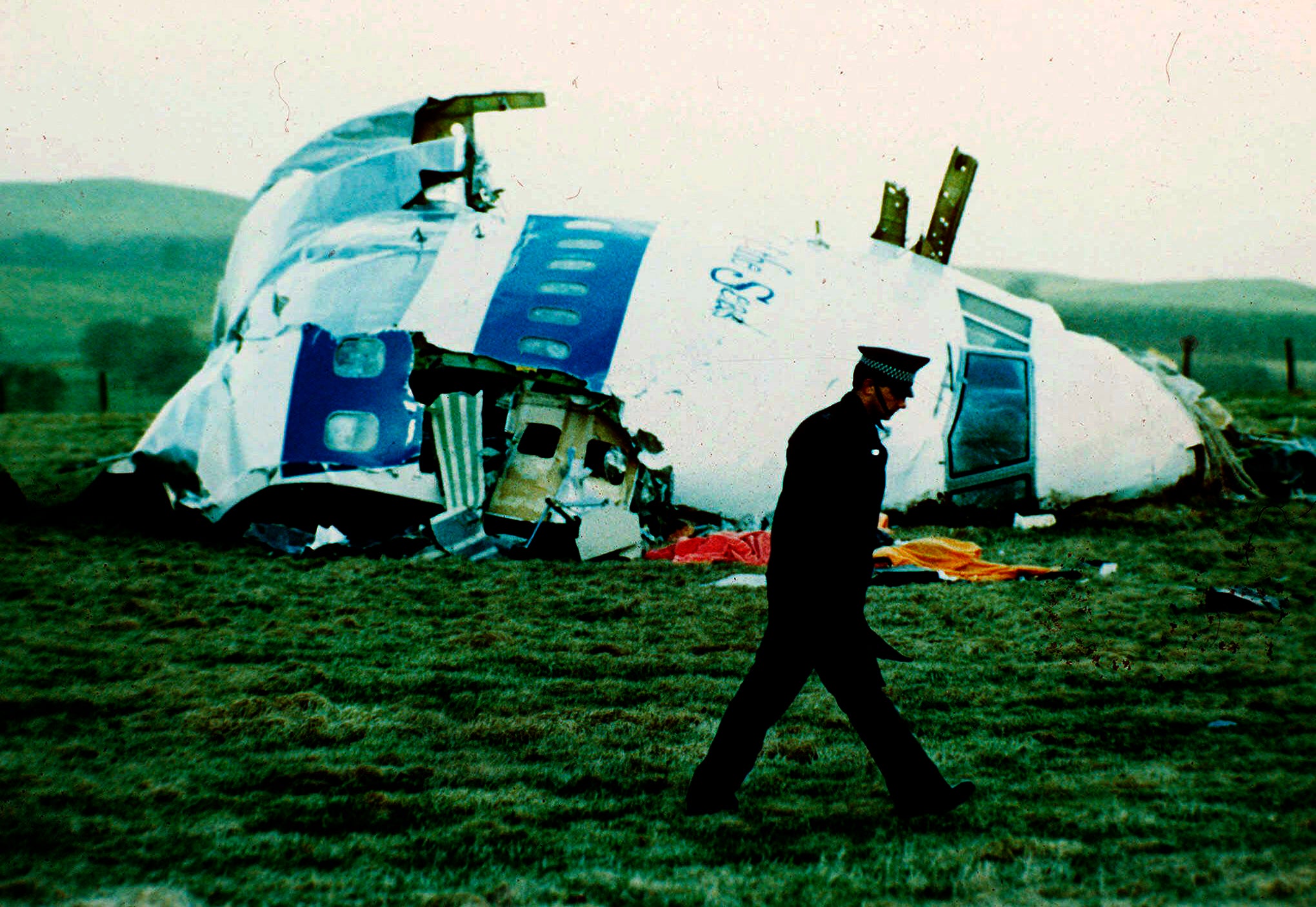 Wreckage of Pan Am flight 103 in a field near the town of Lockerbie, Scotland