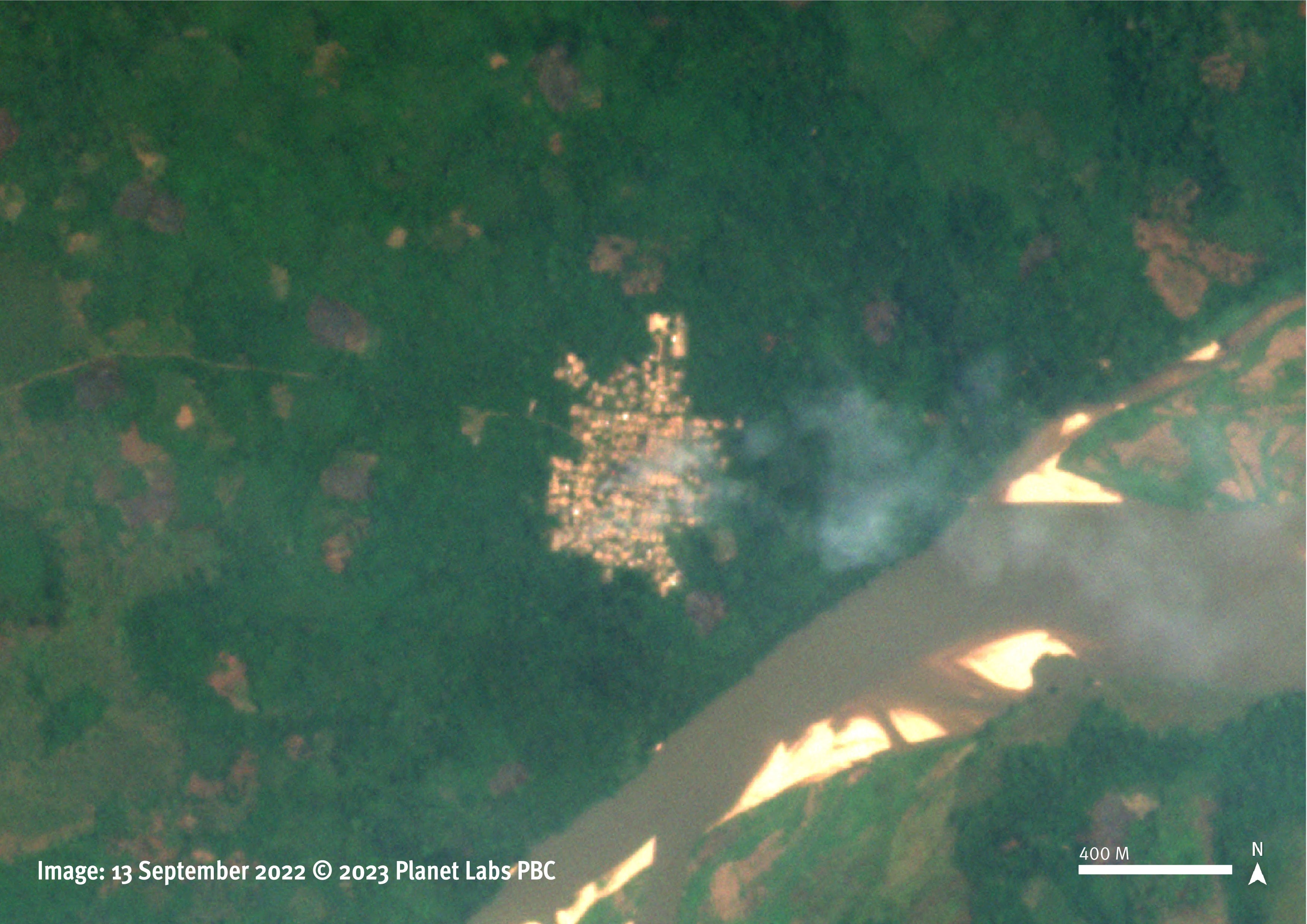 Satellite image showing smoke plumes from a fire 