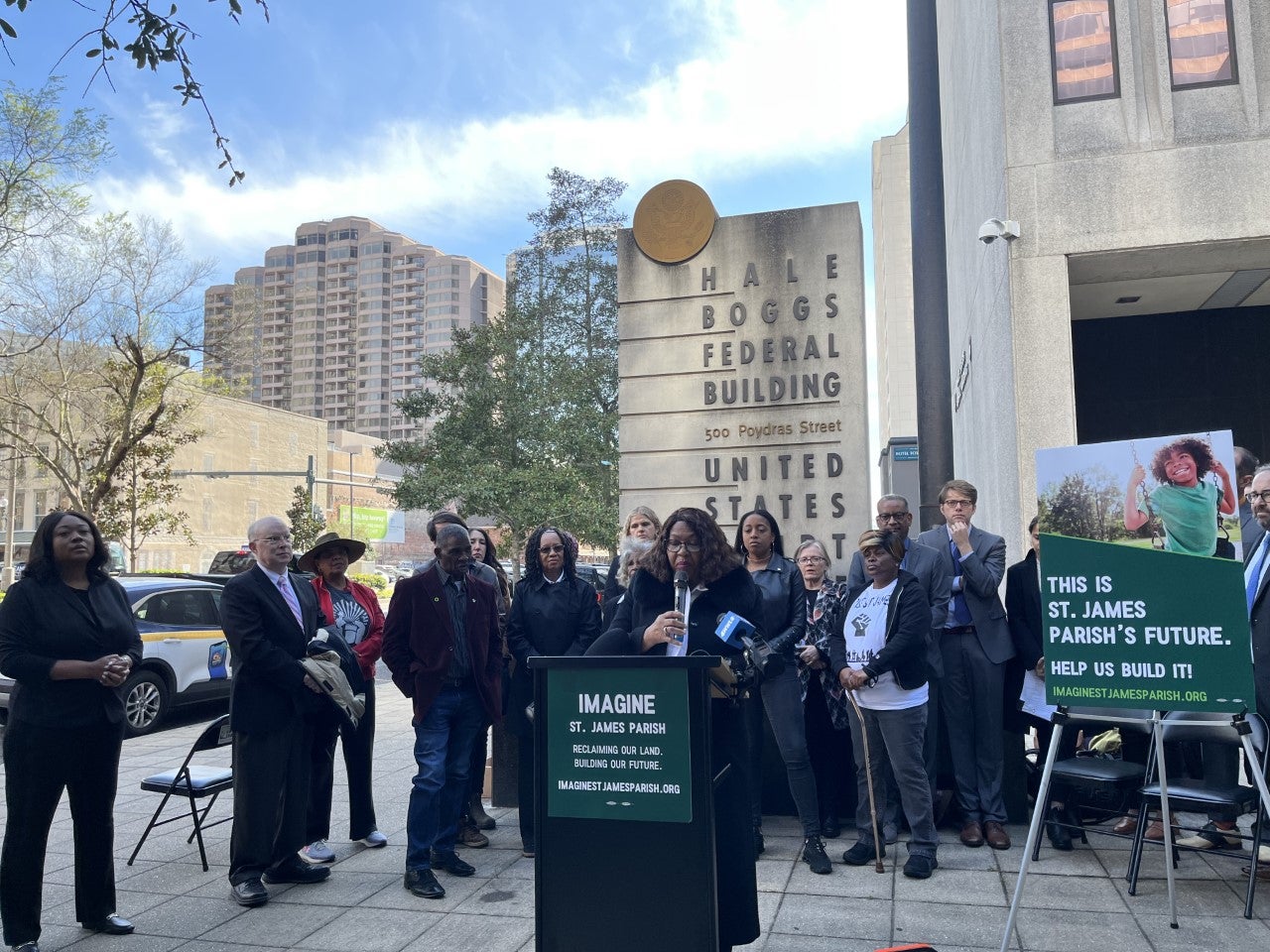 Cancer Alley resident Myrtle Felton of Inclusive Louisiana speaks at a press conference announcing a landmark environmental justice lawsuit in New Orleans.