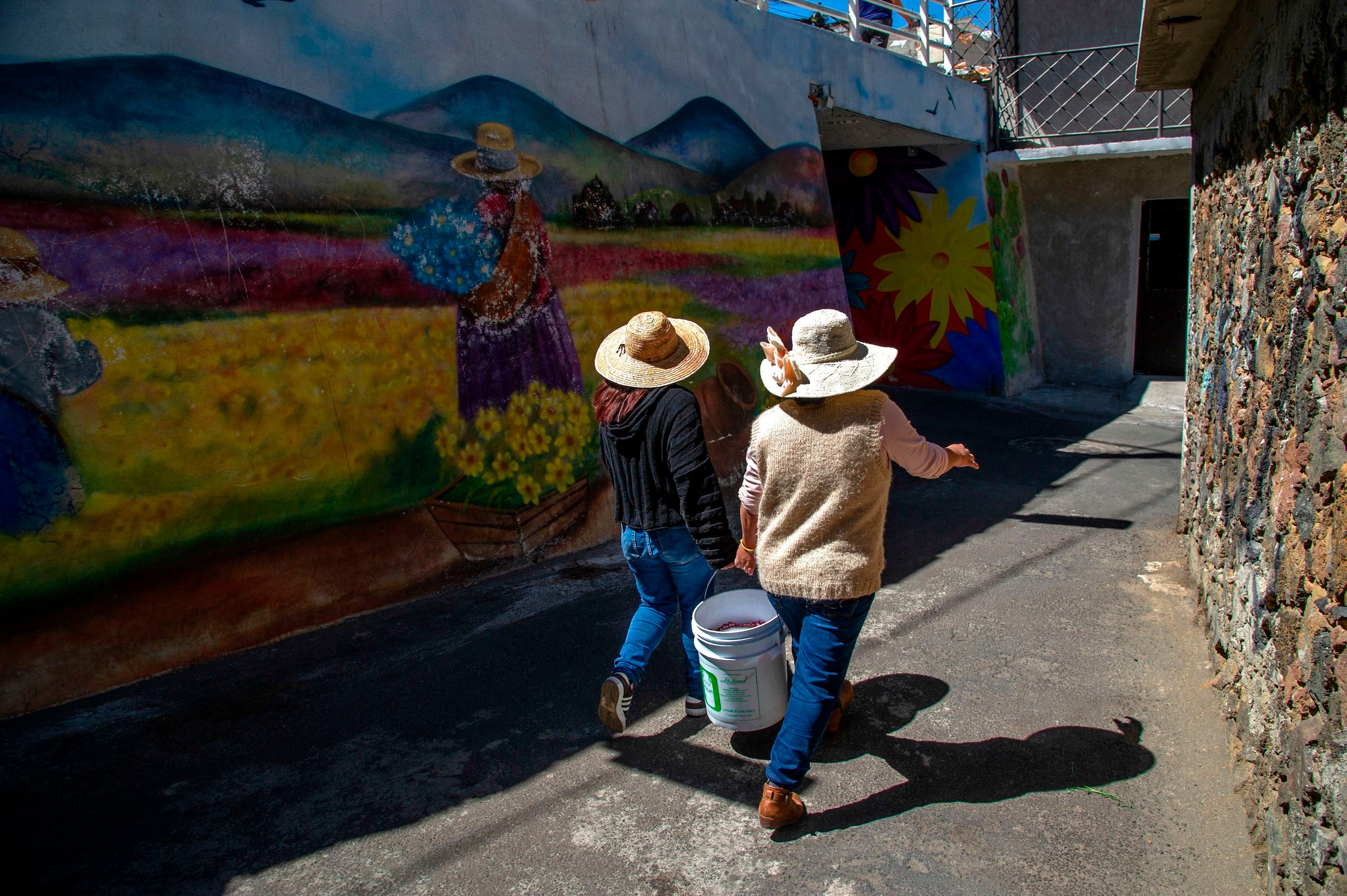 Ana (derecha) y Leticia, integrantes del colectivo Mujeres de la Tierra, caminan con maíz hacia un molino vecinal, en Milpa Alta, Ciudad de México, el 16 de febrero de 2021. El colectivo comenzó en mayo de 2020, como una forma de ayudar a las sobrevivientes de violencia doméstica a generar un ingreso en medio de la pandemia de COVID-19.