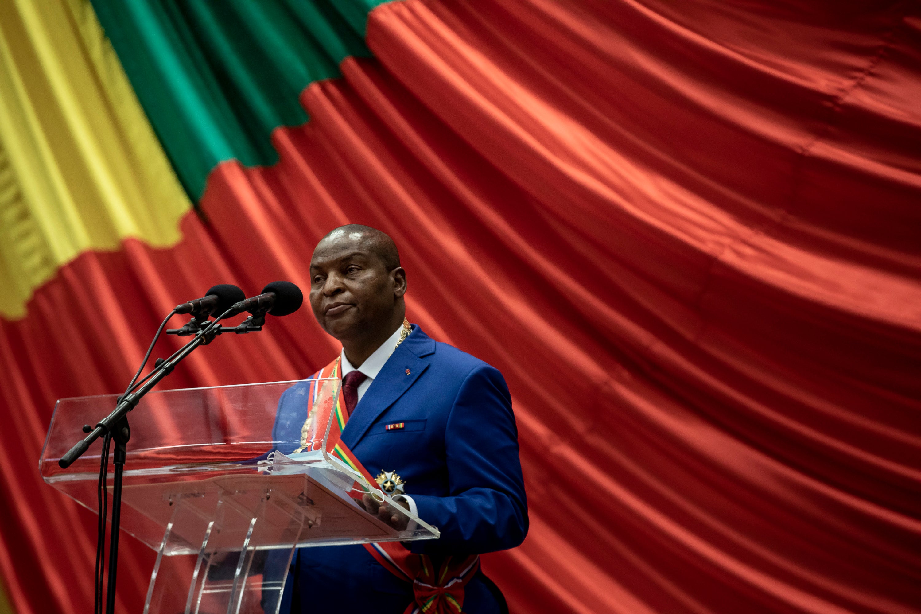 Central African Republic President Faustin-Archange Touadéra speaks at his inauguration in Bangui, March 30, 2021 