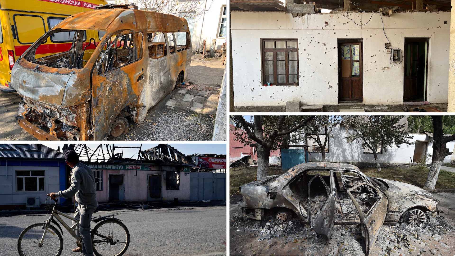 Collage of four equally sized images. Top left image of a burnt Tajik ambulance. Top right image damaged house with a window and two doors. Bottom left image of a man on a bicycle looking at a damaged house. Bottom right image of a burned-out car