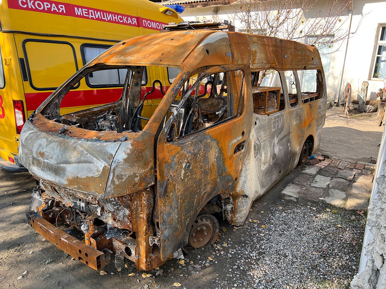 The wreckage of a second Tajik ambulance, from Chorkuh Village Hospital that was also attacked near a bridge by the border in Chorbog on September 16, 2022, along with another ambulance and a car carrying civilians.
