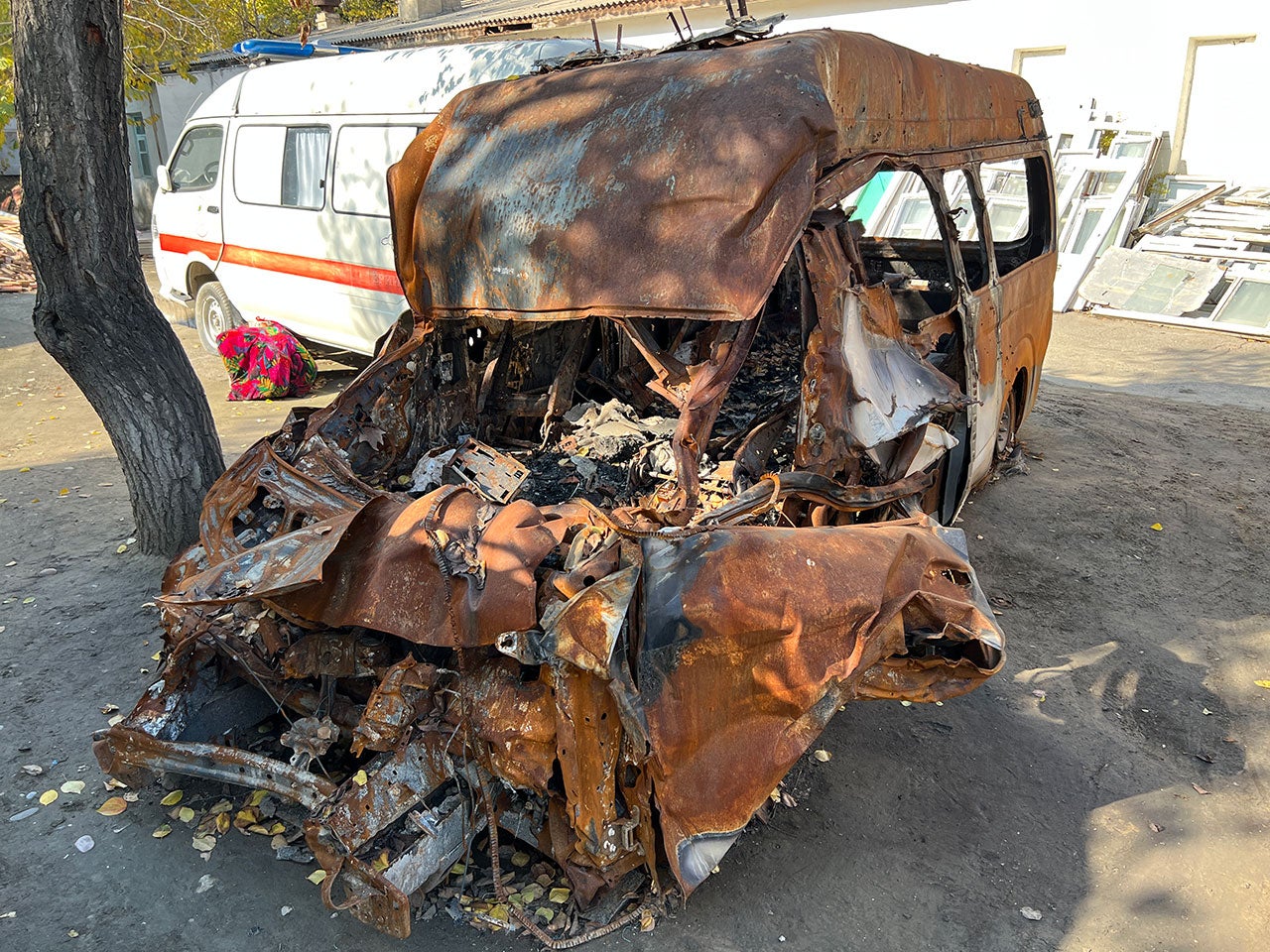 The wreckage of a Tajik ambulance from Isfara State Hospital which was attacked near a bridge by the border in Chorbog on September 16, 2022, along with another ambulance and a car carrying civilians.