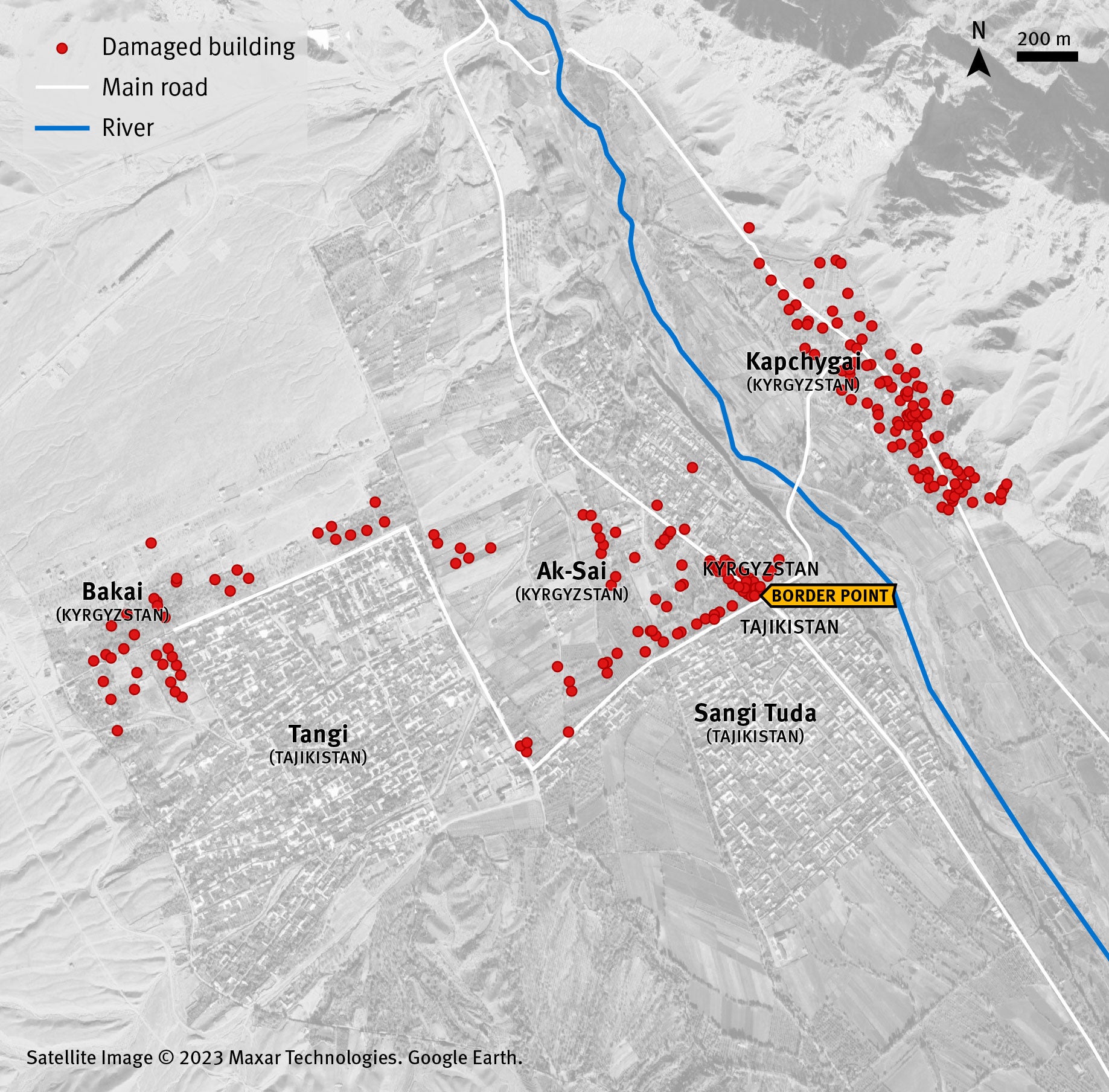 Map of damage documented by Human Rights Watch in Ak-Sai Bakai Kapchygai