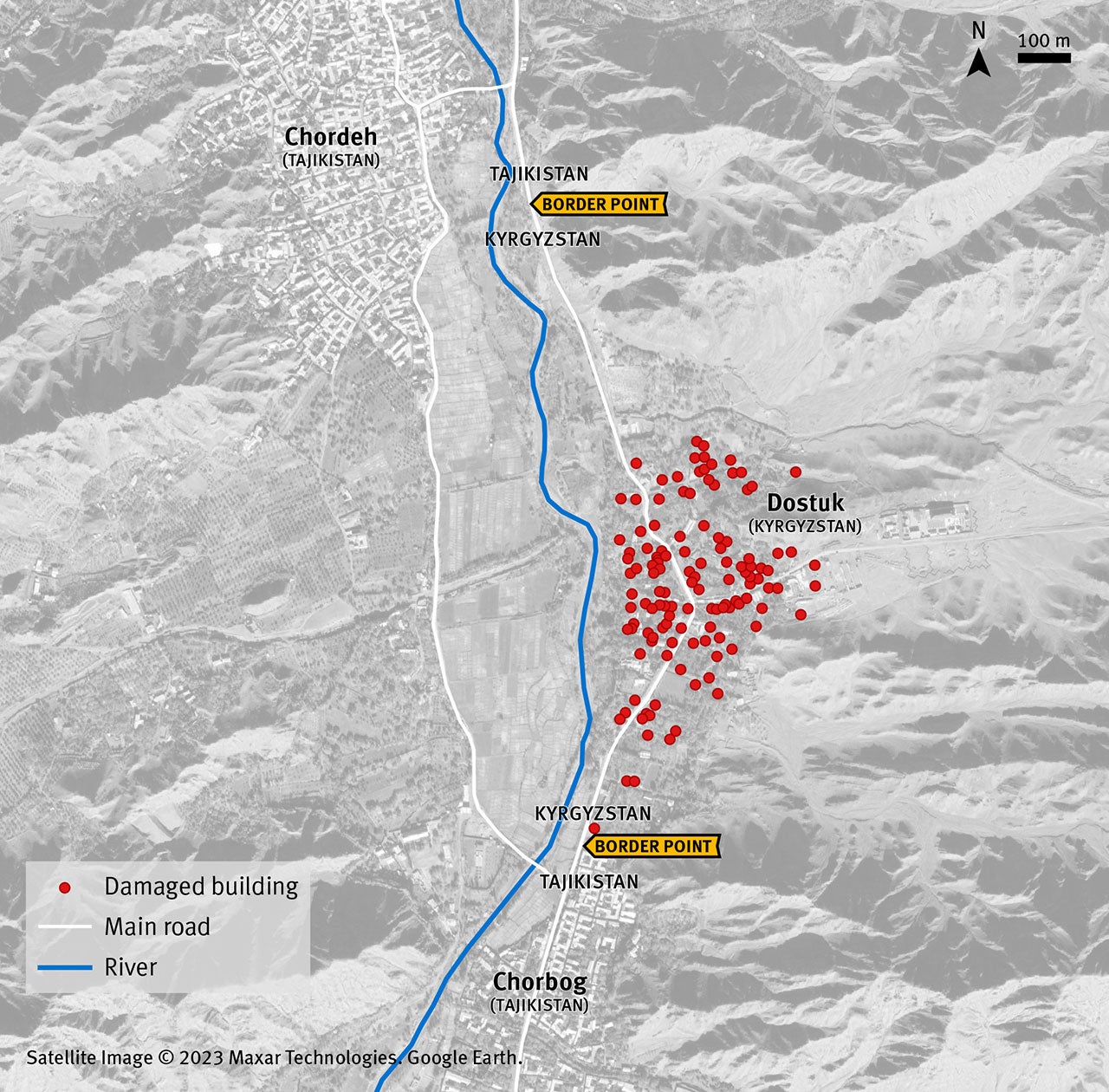 Map of damage documented by Human Rights Watch in Dostuk