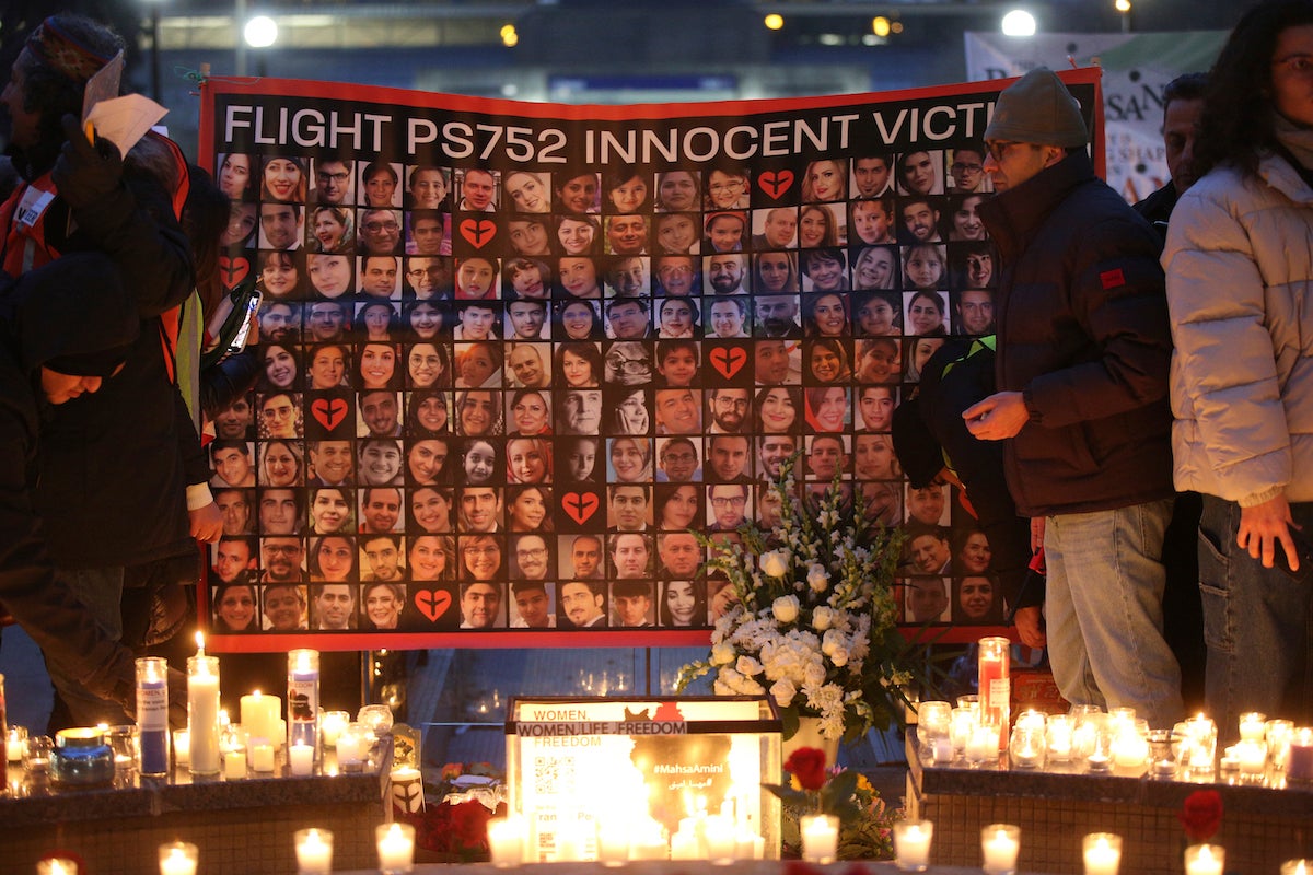 Hundreds attended a candlelight vigil at Mel Lastman Square in Toronto, Ontario, Canada, on January 08, 2023 as Iranian-Canadians marked 3rd anniversary of the downing of Ukrainian Airlines Flight PS752.