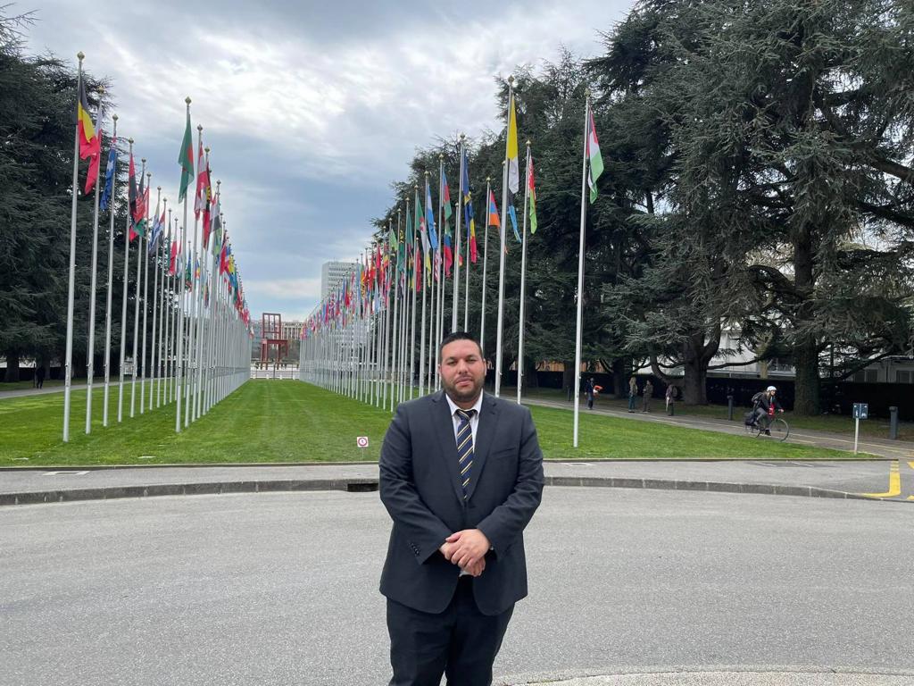 Mohannad Karaje, head of Lawyers for Justice, outside the UN Human Rights Council in Geneva, Switzerland.