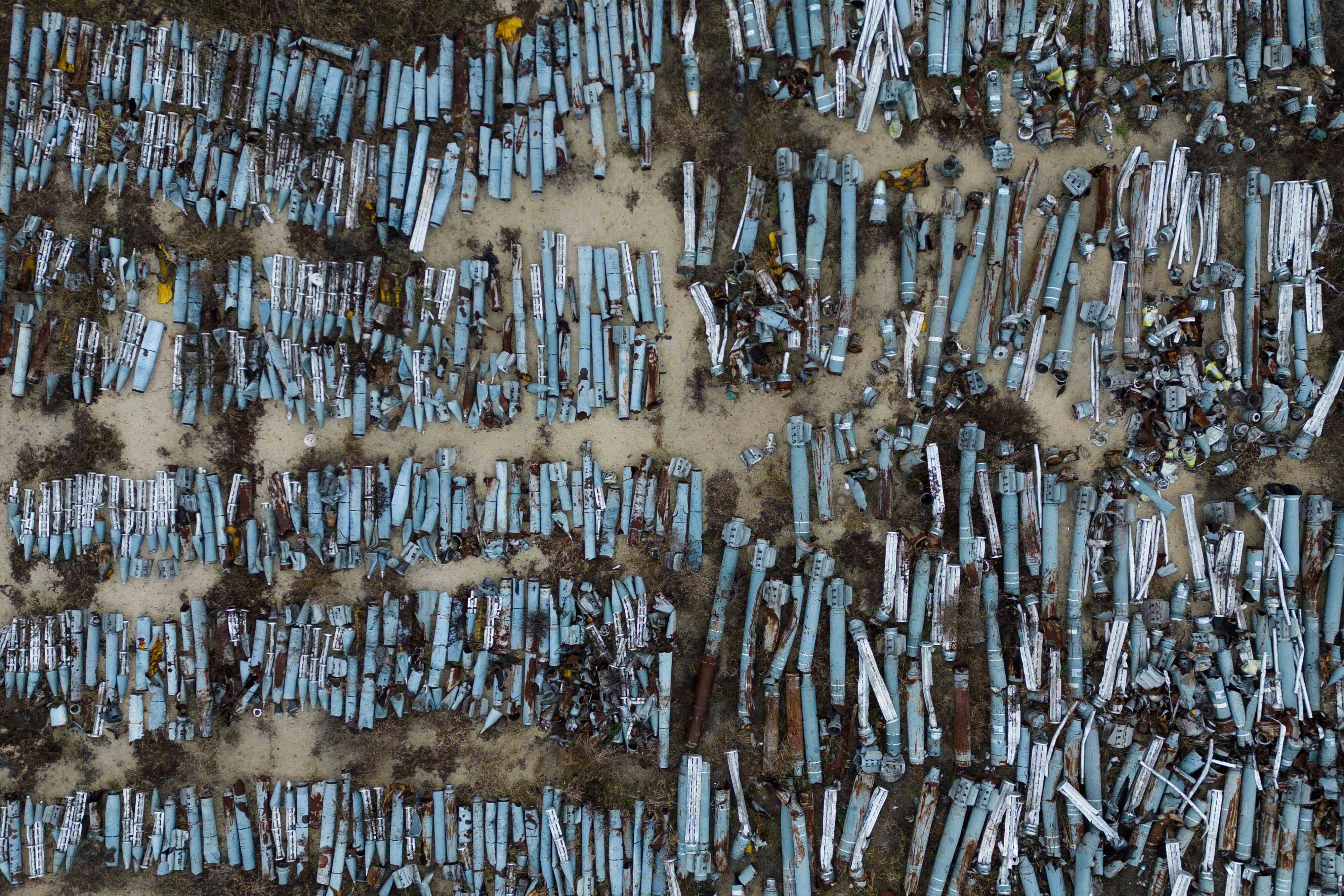 Collected remnants of Russian cluster munition rockets that were used to attack the city of Kharkiv, at a storage area in Kharkiv, Ukraine, December 22, 2022. 