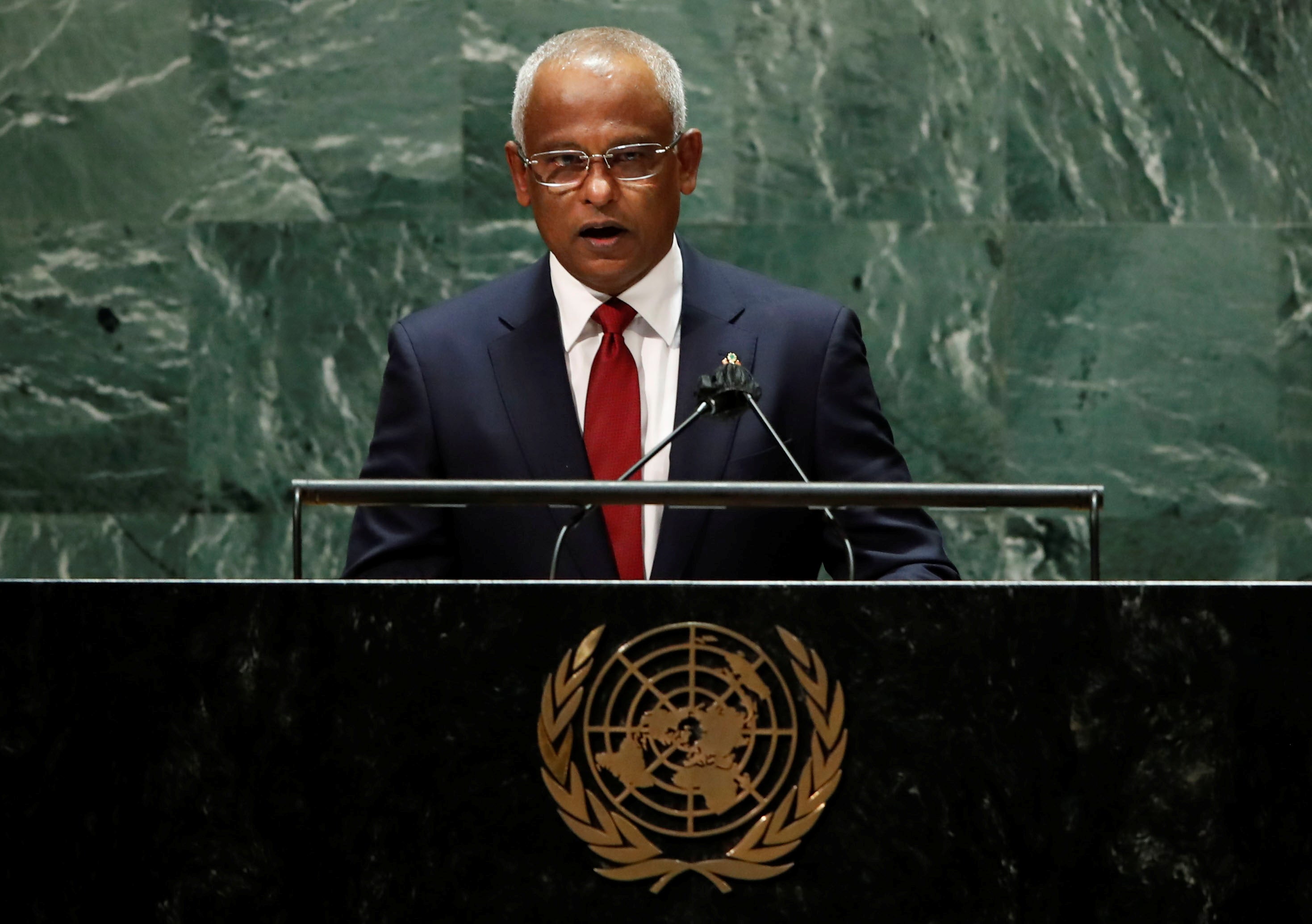 Maldives President Ibrahim Mohamed Solih addresses the UN General Assembly in New York City.