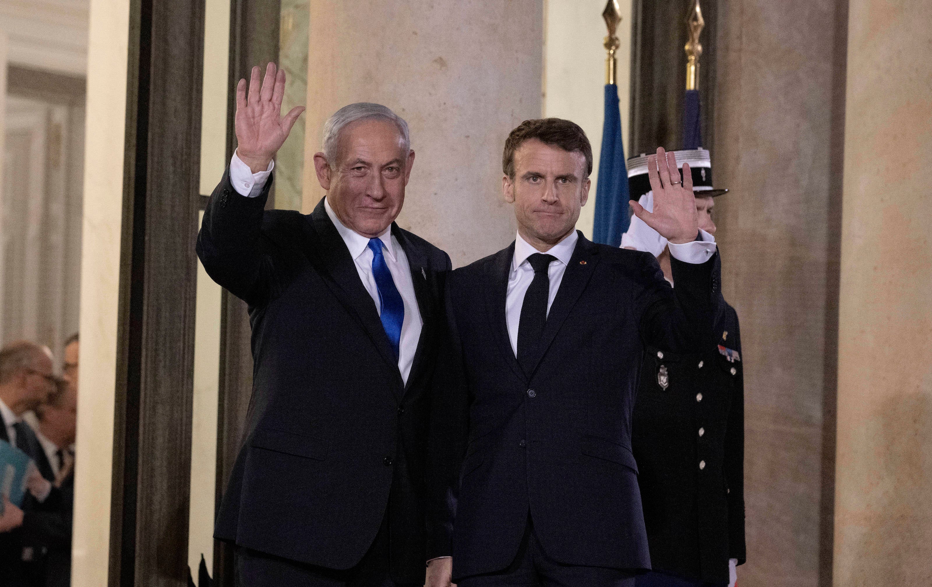 Prime Minister of Israel Benjamin Netanyahu and French President Emmanuel Macron at Elysee Palace, Paris, France.