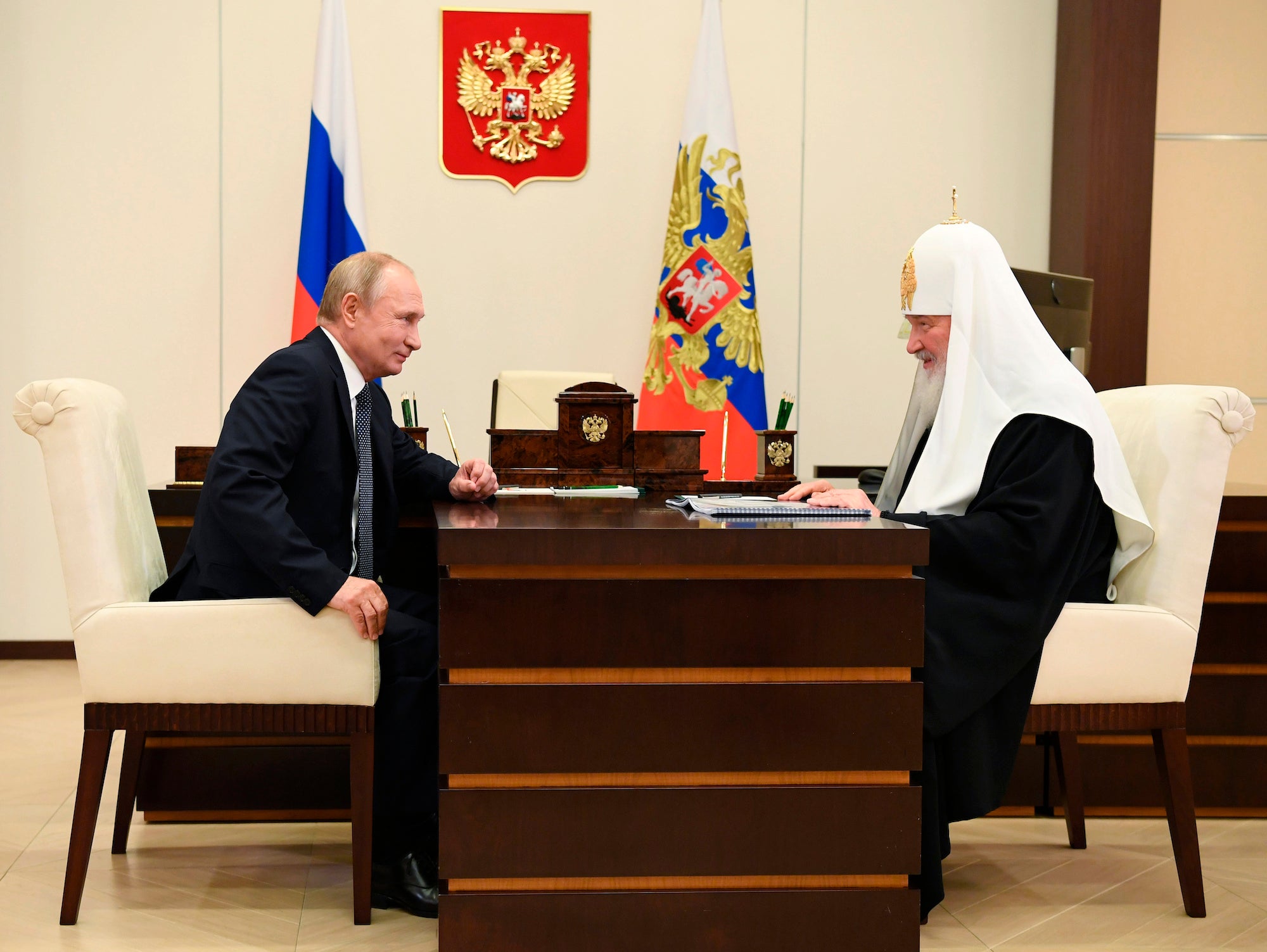 Russian President Vladimir Putin meets with Patriarch Kirill of Moscow and All Russia at the Novo-Ogaryovo state residence, outside Moscow, Russia.