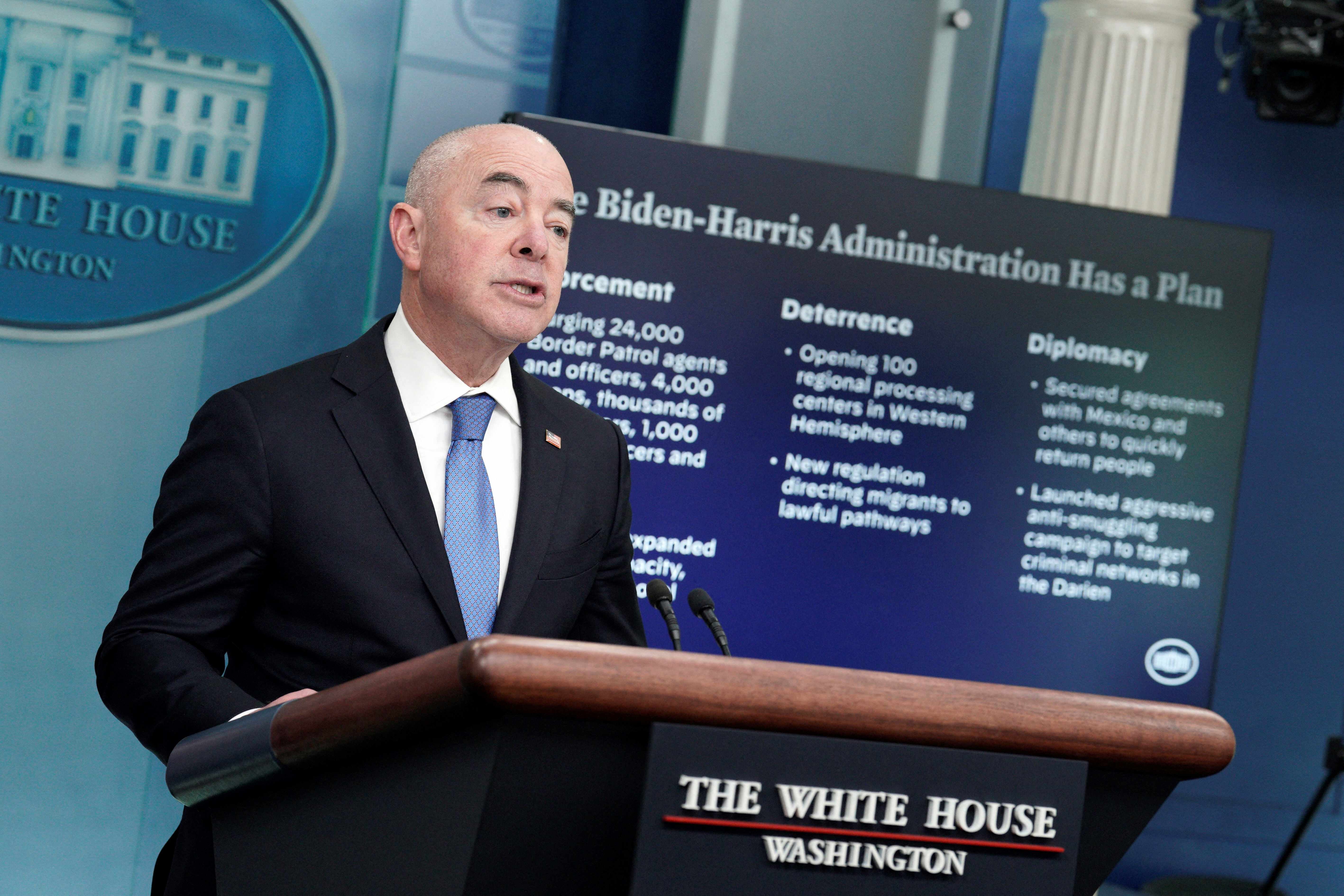 US Department of Homeland Security Secretary Alejandro Mayorkas speaks at a press briefing at the White House in Washington, DC on May 11, 2023.