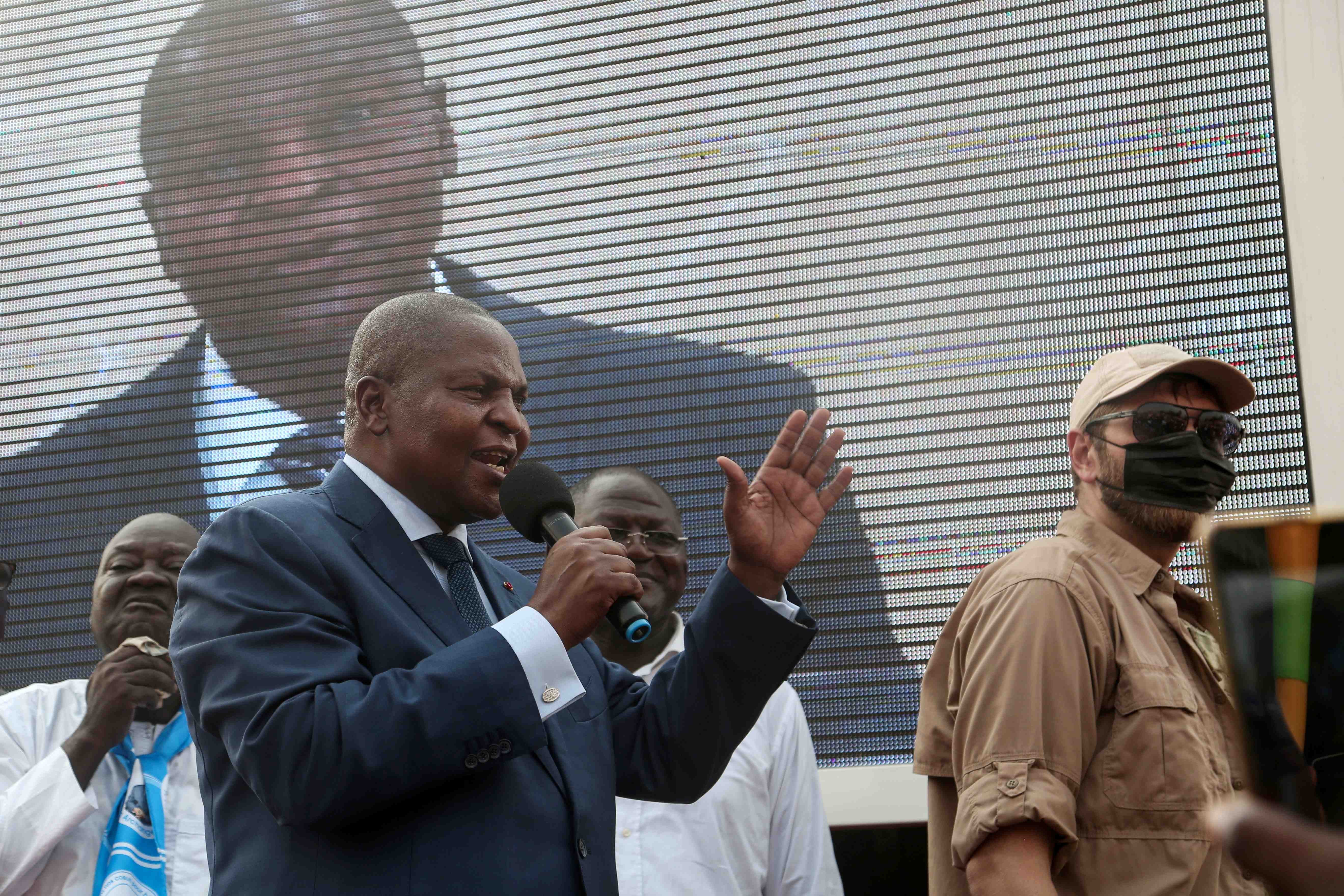 President Faustin-Archange Touadéra greets supporters after highest court confirmed his re-election at his party headquarter in Bangui, Central Africa Republic January 18, 2021.