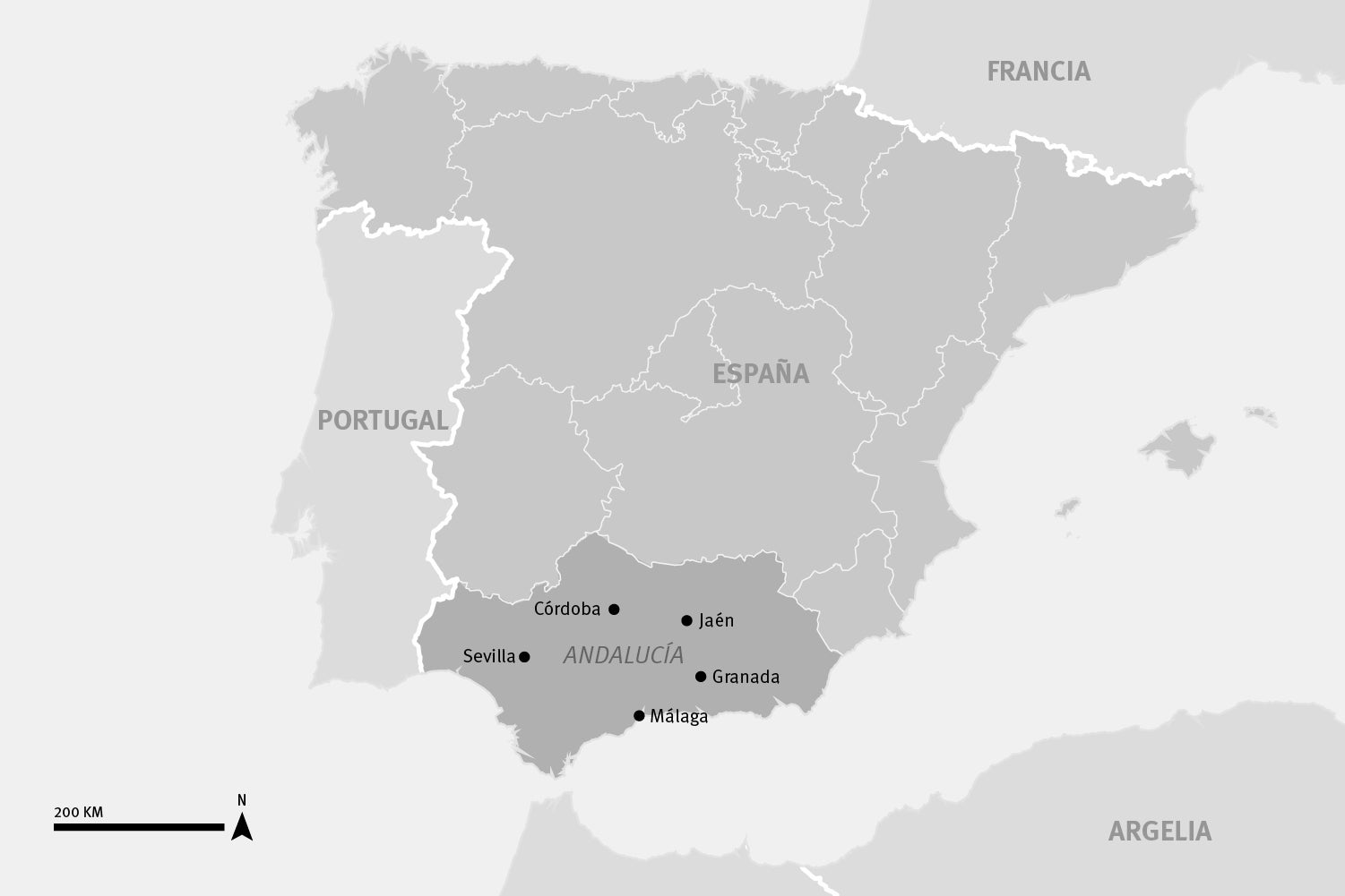 Mapa de España que muestra varias ciudades de Andalucía.