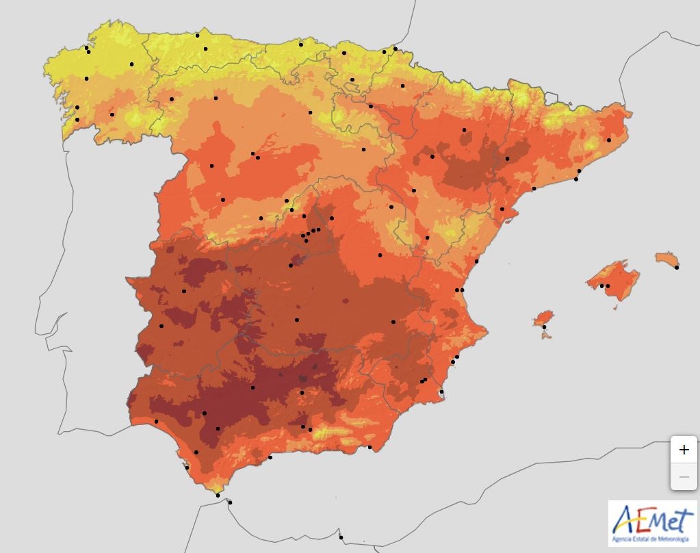 Mapa de la temperatura máxima media en grados Celsius en Andalucía (España) en el mes de julio durante el período 1981-2010.