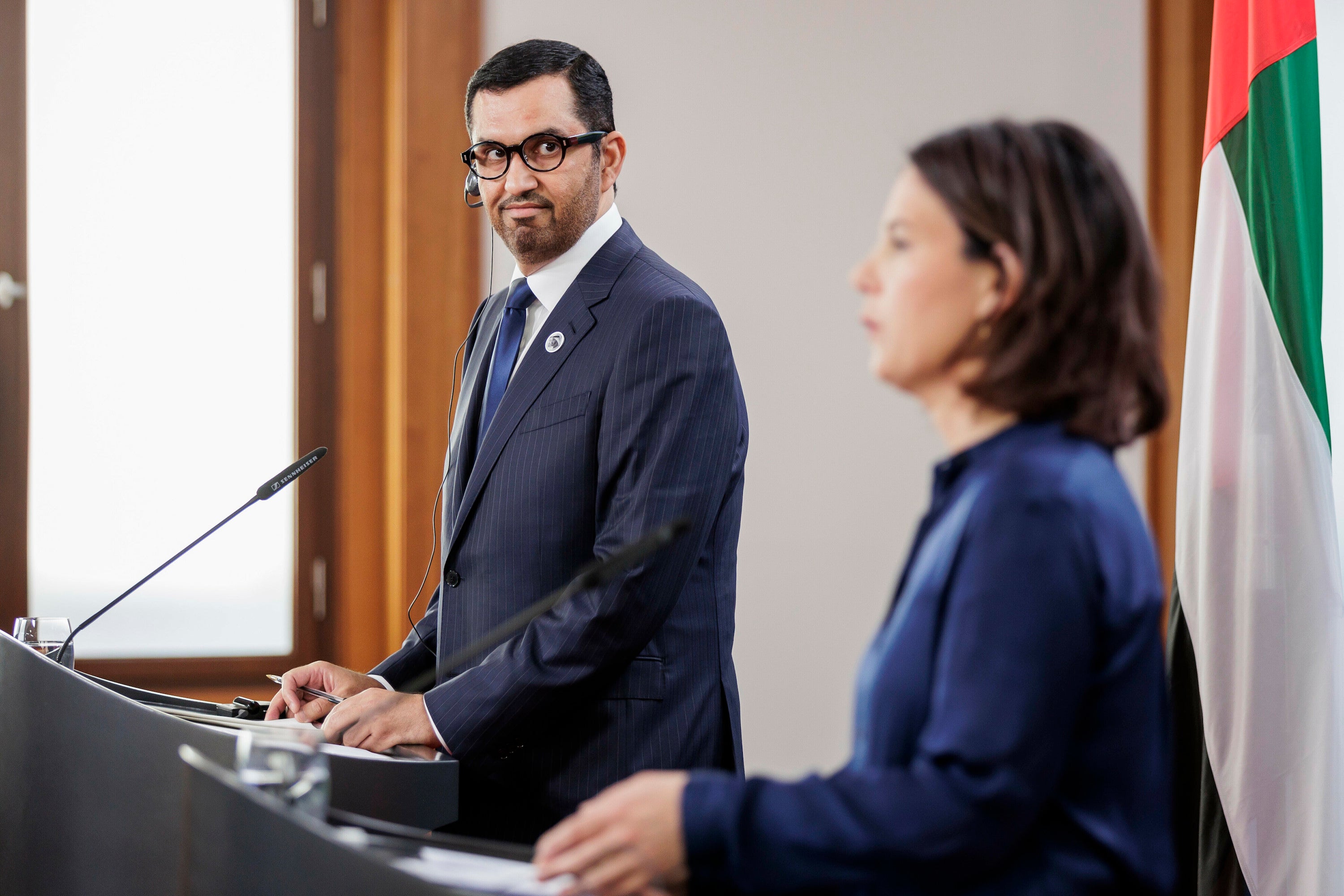 Sultan Ahmed al Jaber, the new president of COP28, with the German federal foreign minister, Annalena Baerbock, at the Petersberg Climate Dialogue in Berlin, May 3, 2023. 