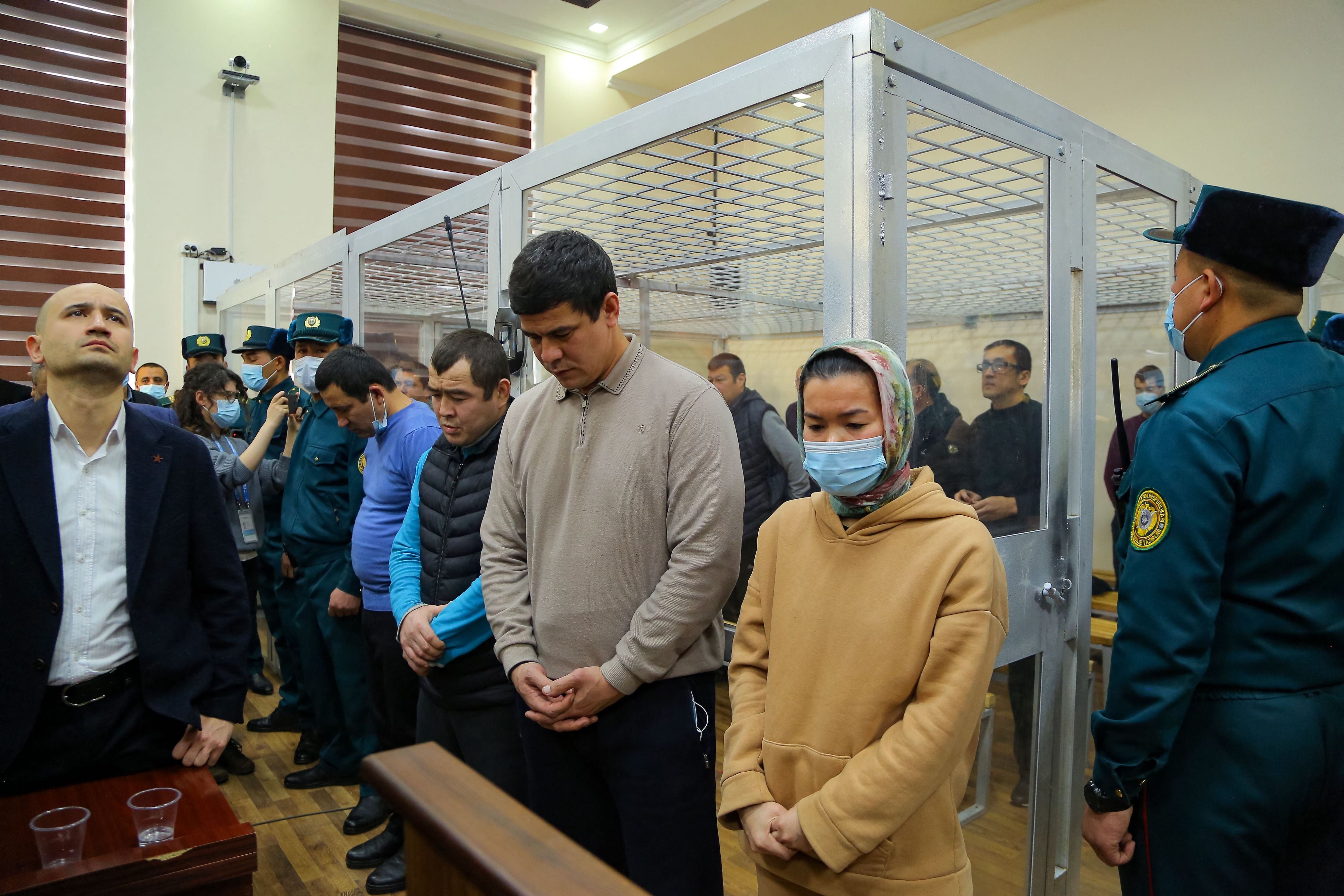  Defendants listen to the verdict in their trial on charges related to the July 2022 protests in Nukus, the main city in Karakalpakstan, at a court in Bukhara, Uzbekistan on January 31, 2023.